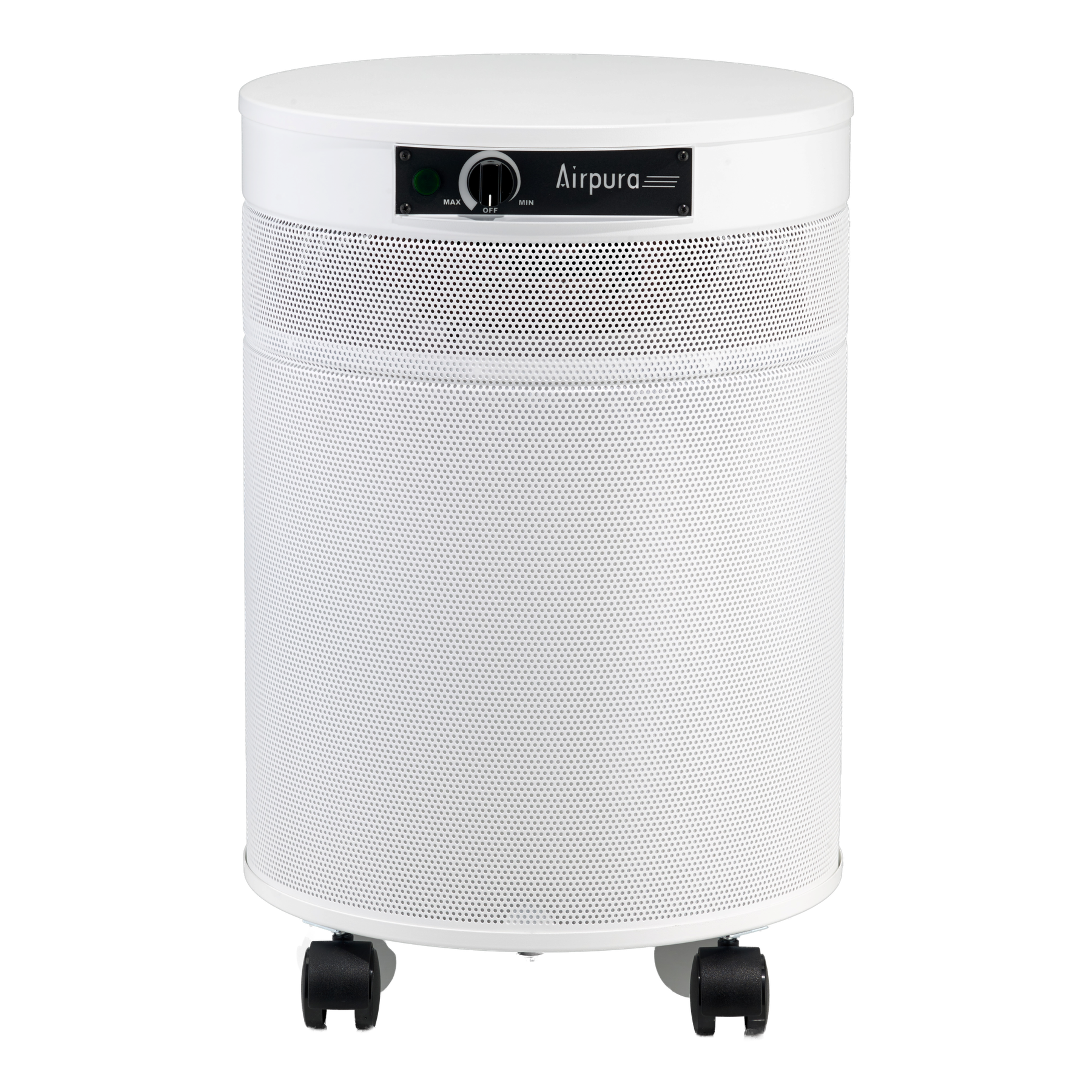 White cylindrical Airpura air purifier with perforated metal body, control knob, and casters.