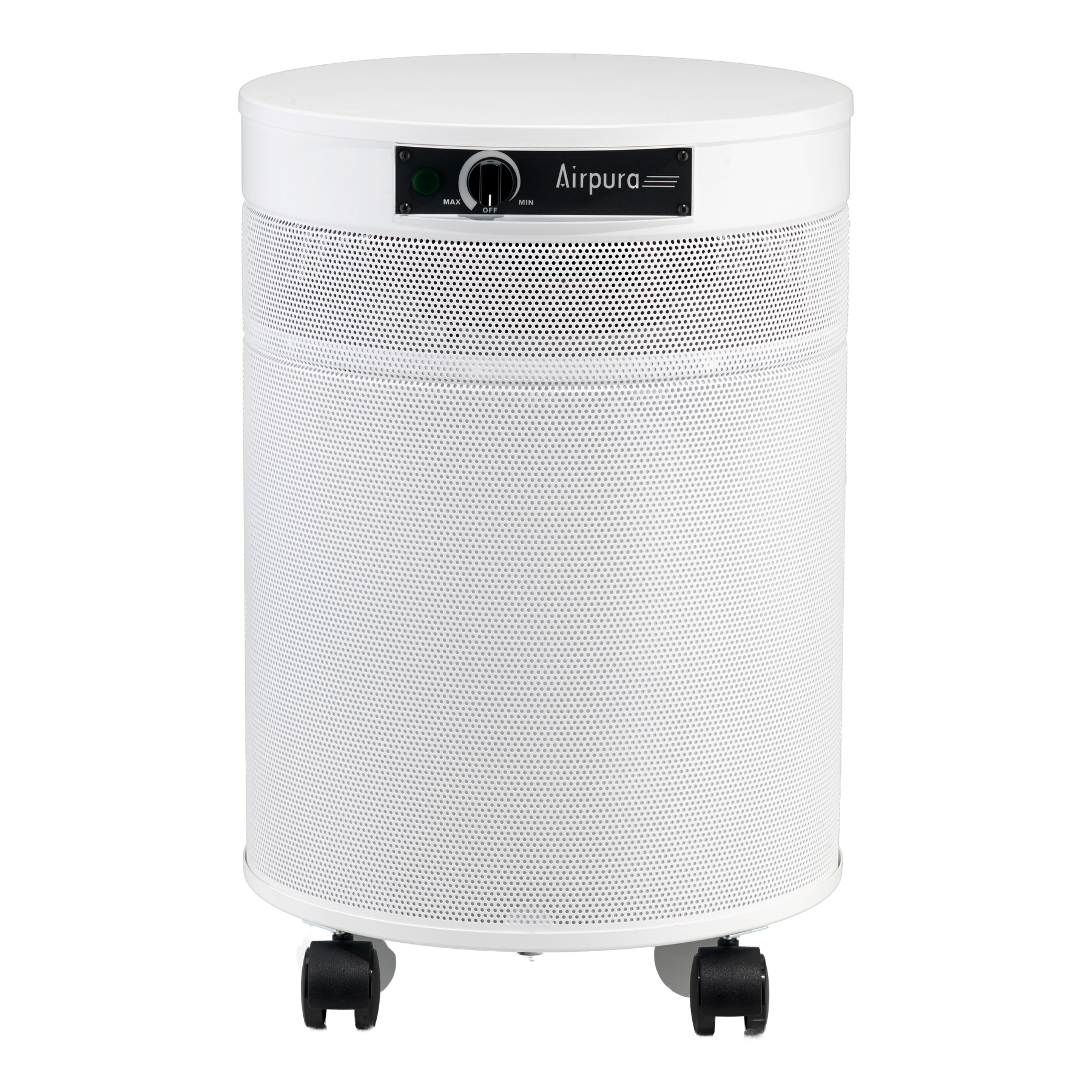 White cylindrical Airpura air purifier with perforated metal body, control knob, and casters.