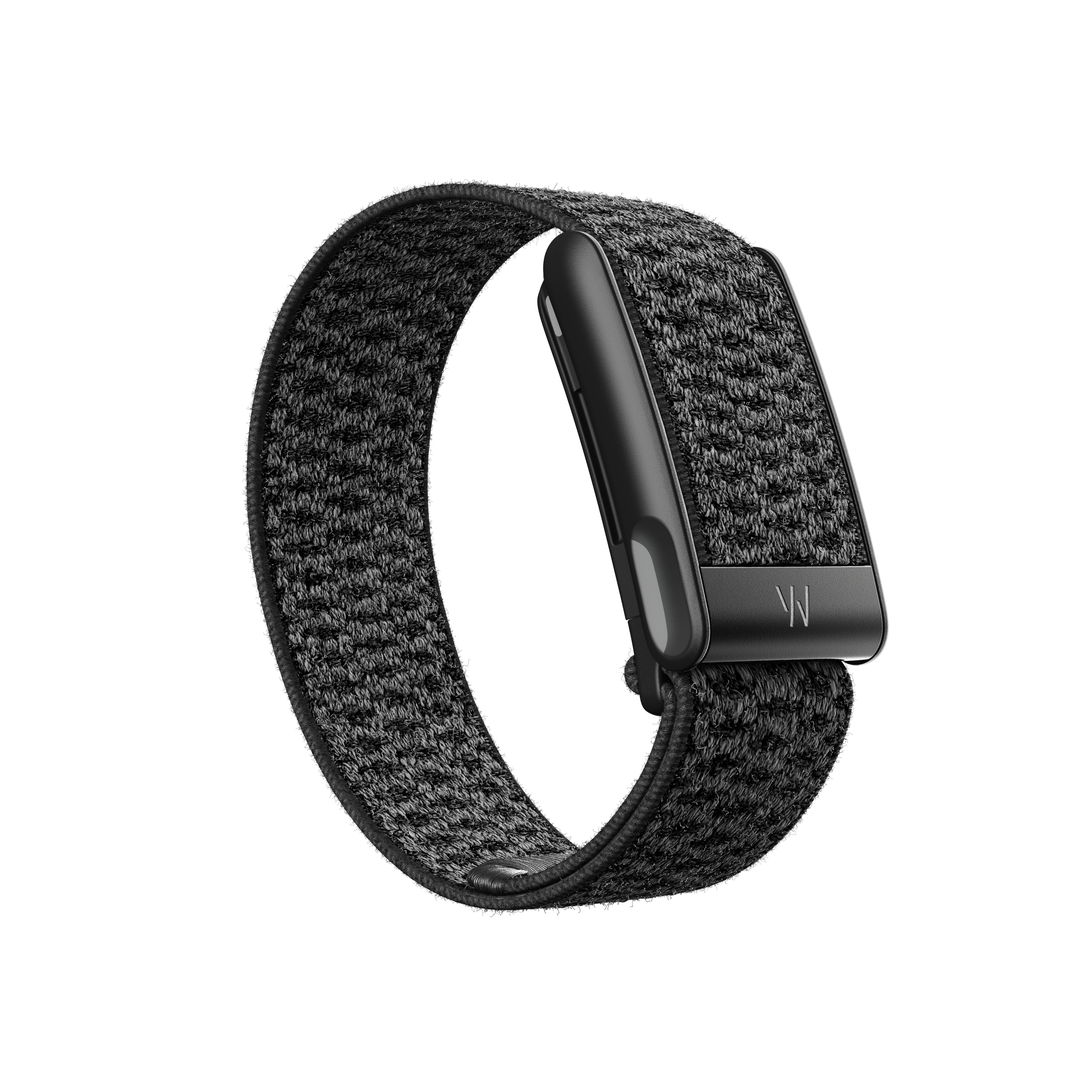 WHOOP 5.0 MG in the Storm CloudKnit strap, in woven black.