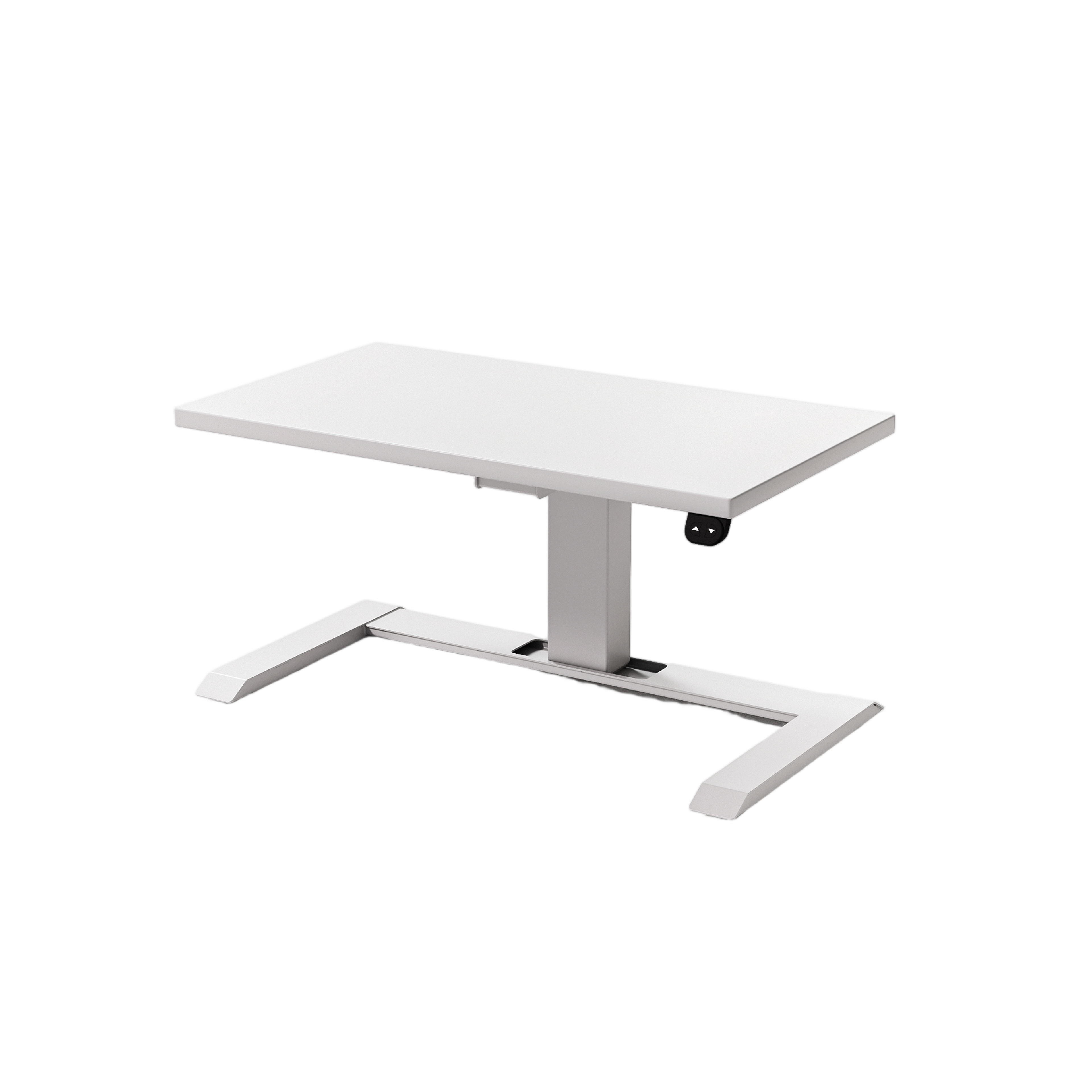 White single-leg desk in retracted low position