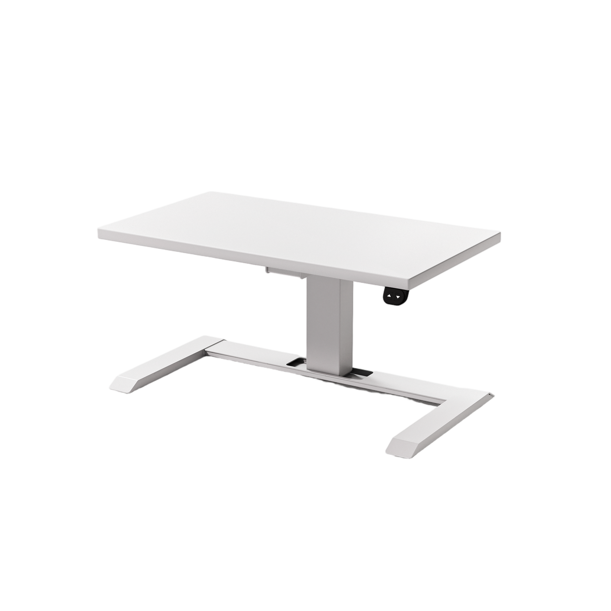 White single-leg desk in retracted low position