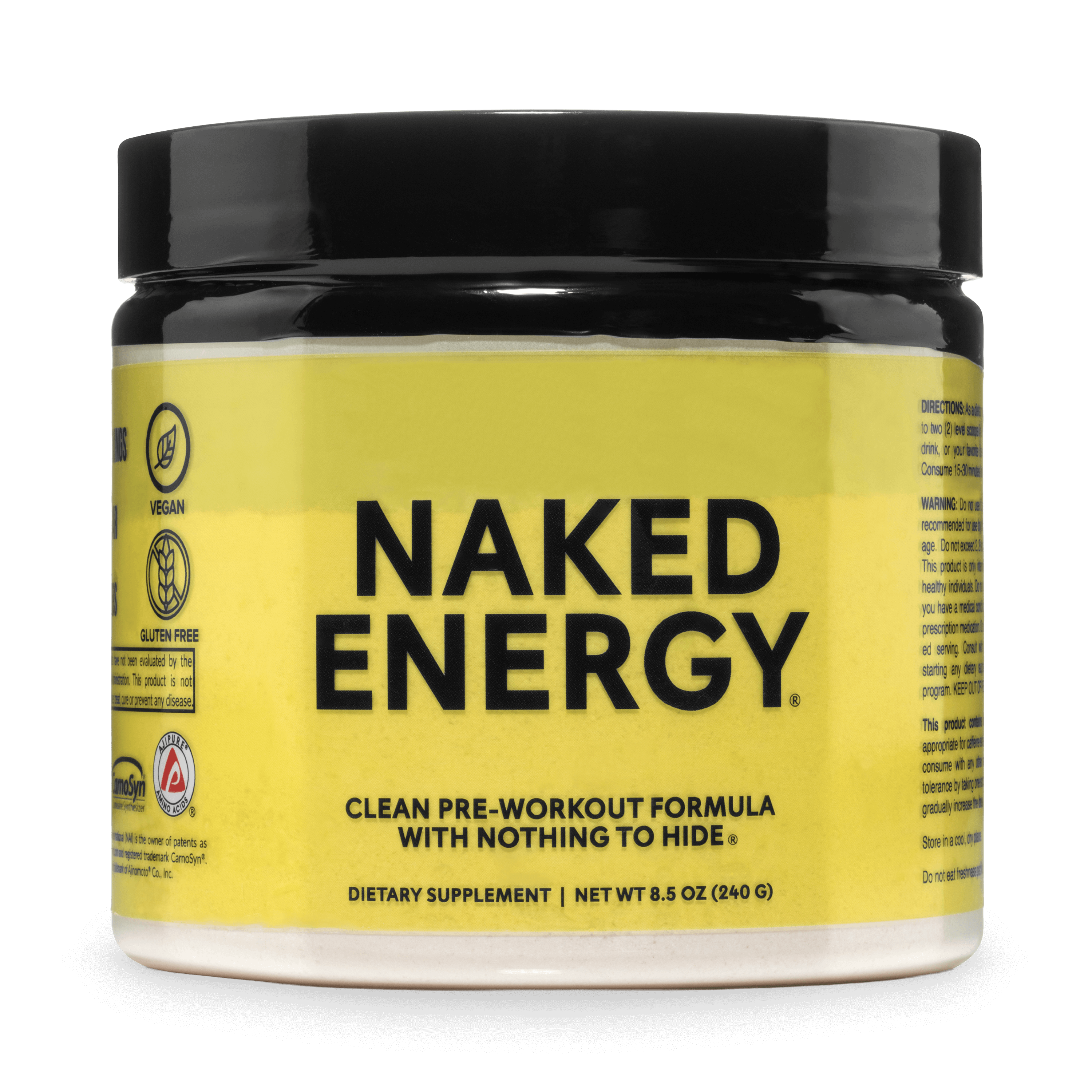 Container of Naked Energy unflavored pre-workout powder, 1.3 lb