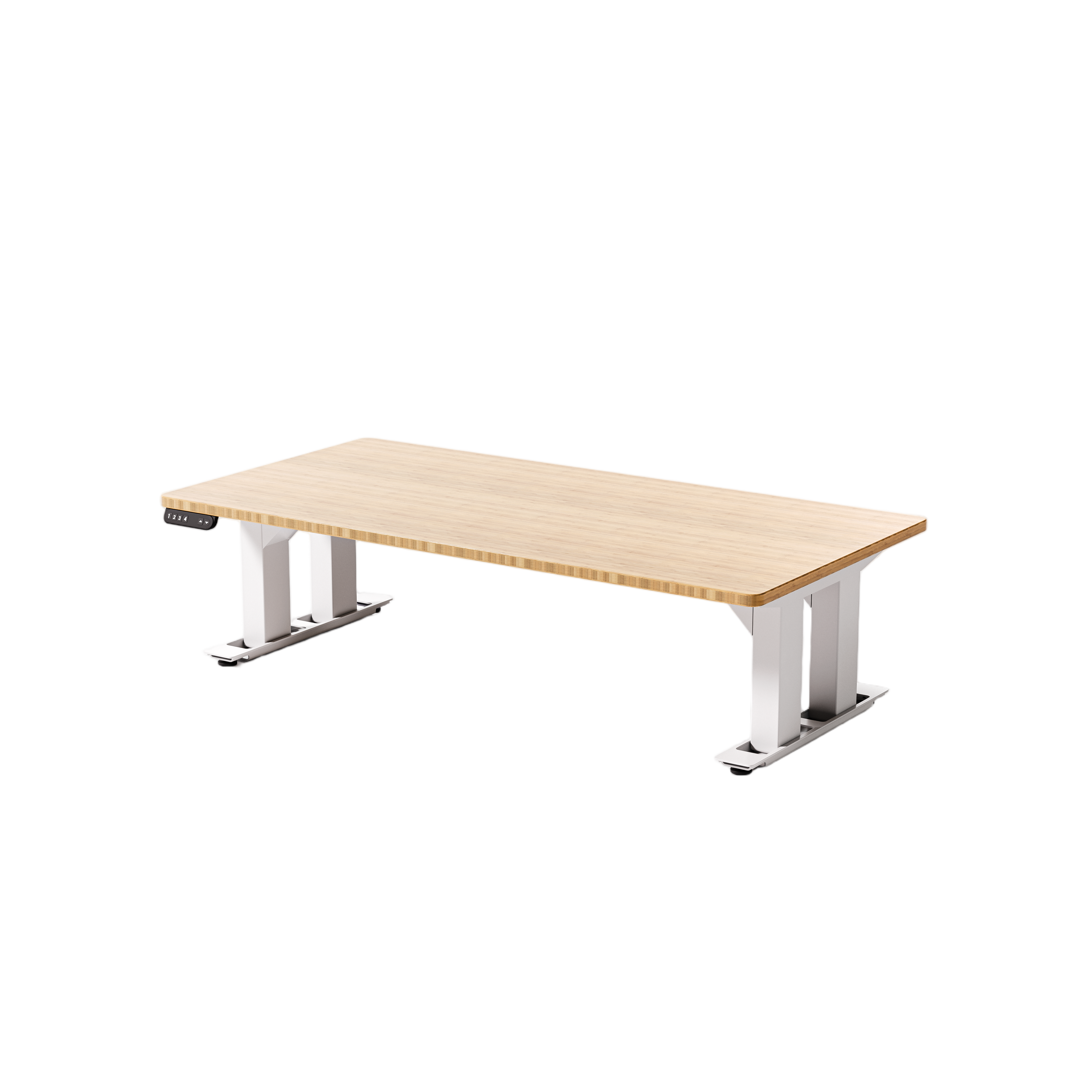 Black four-leg desk with bamboo top, retracted height