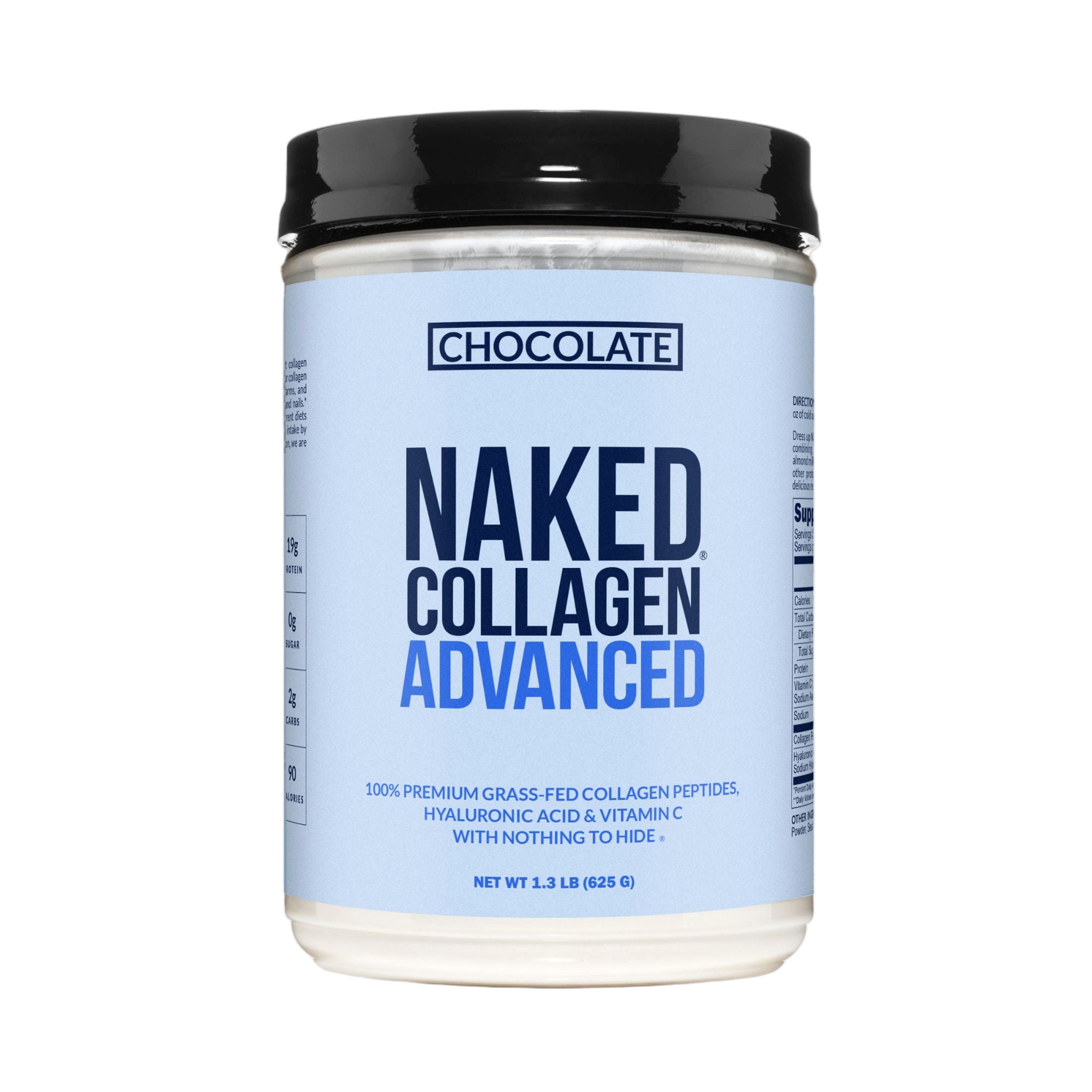 Tub of chocolate advanced collagen powder with grass-fed label