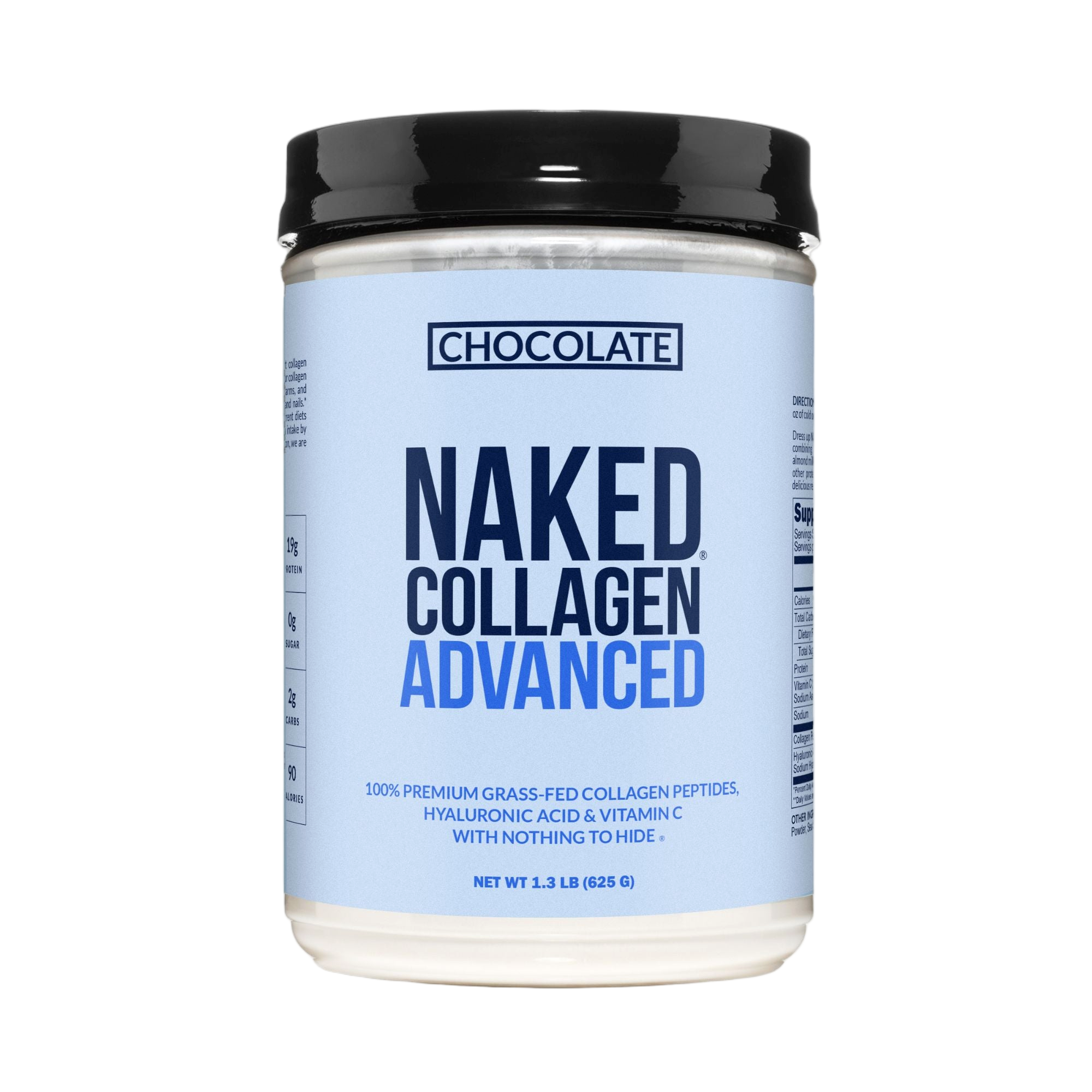 Tub of chocolate advanced collagen powder with grass-fed label