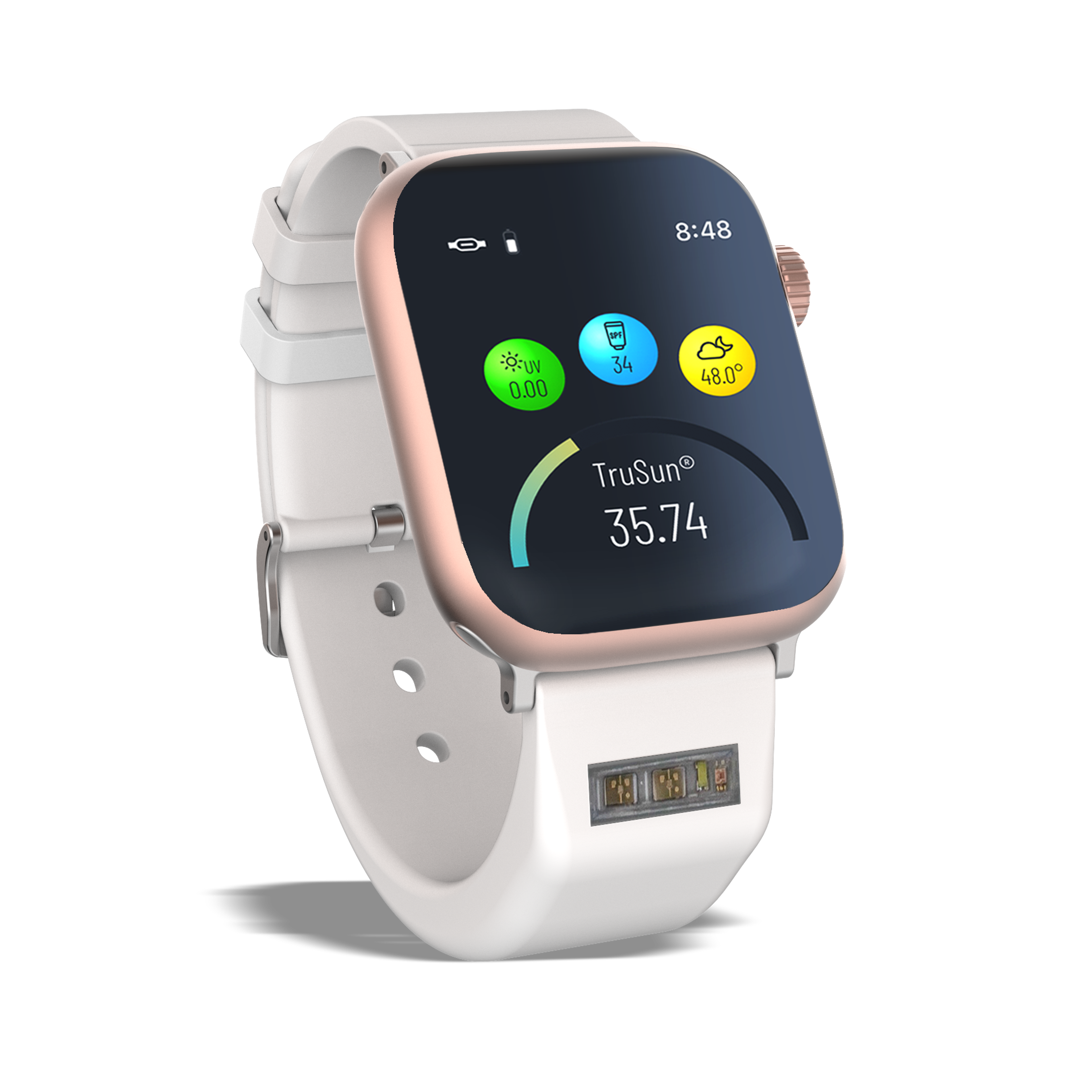 A white and rose gold smartwatch displaying UV, temperature, and TruSun data on its screen, with sensors on the band.