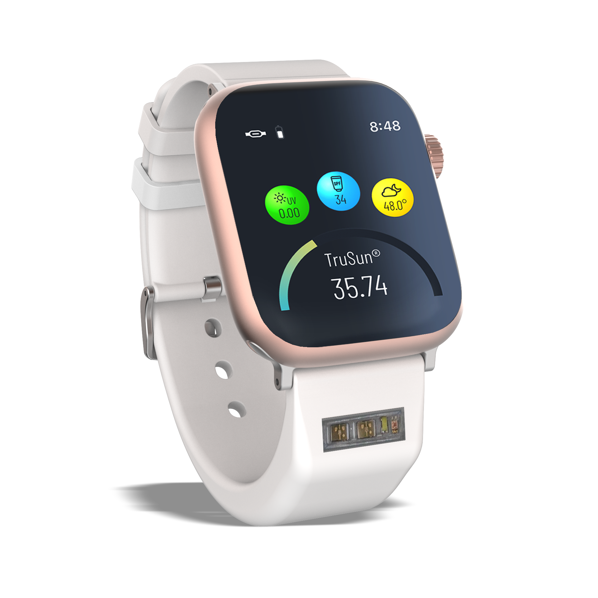 A white and rose gold smartwatch displaying UV, temperature, and TruSun data on its screen, with sensors on the band.