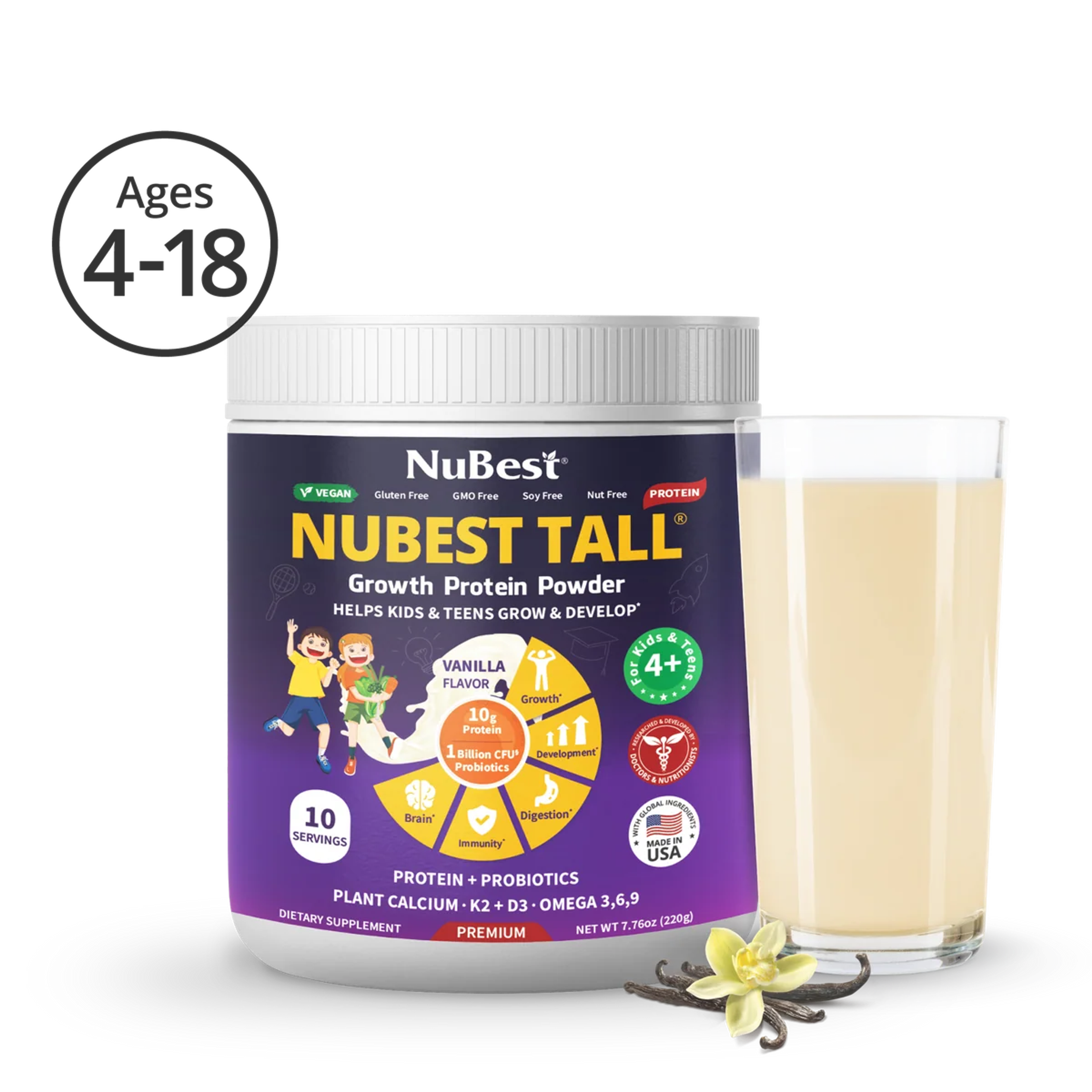 NuBest Tall Protein Vanilla Shake for Kids Ages 4+, 10 Vegan Servings