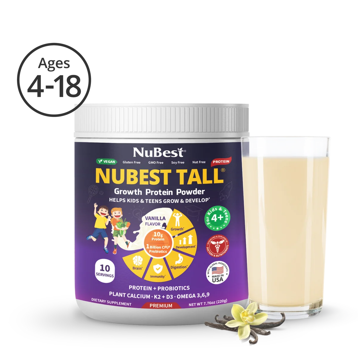 NuBest Tall Protein Vanilla Shake for Kids Ages 4+, 10 Vegan Servings