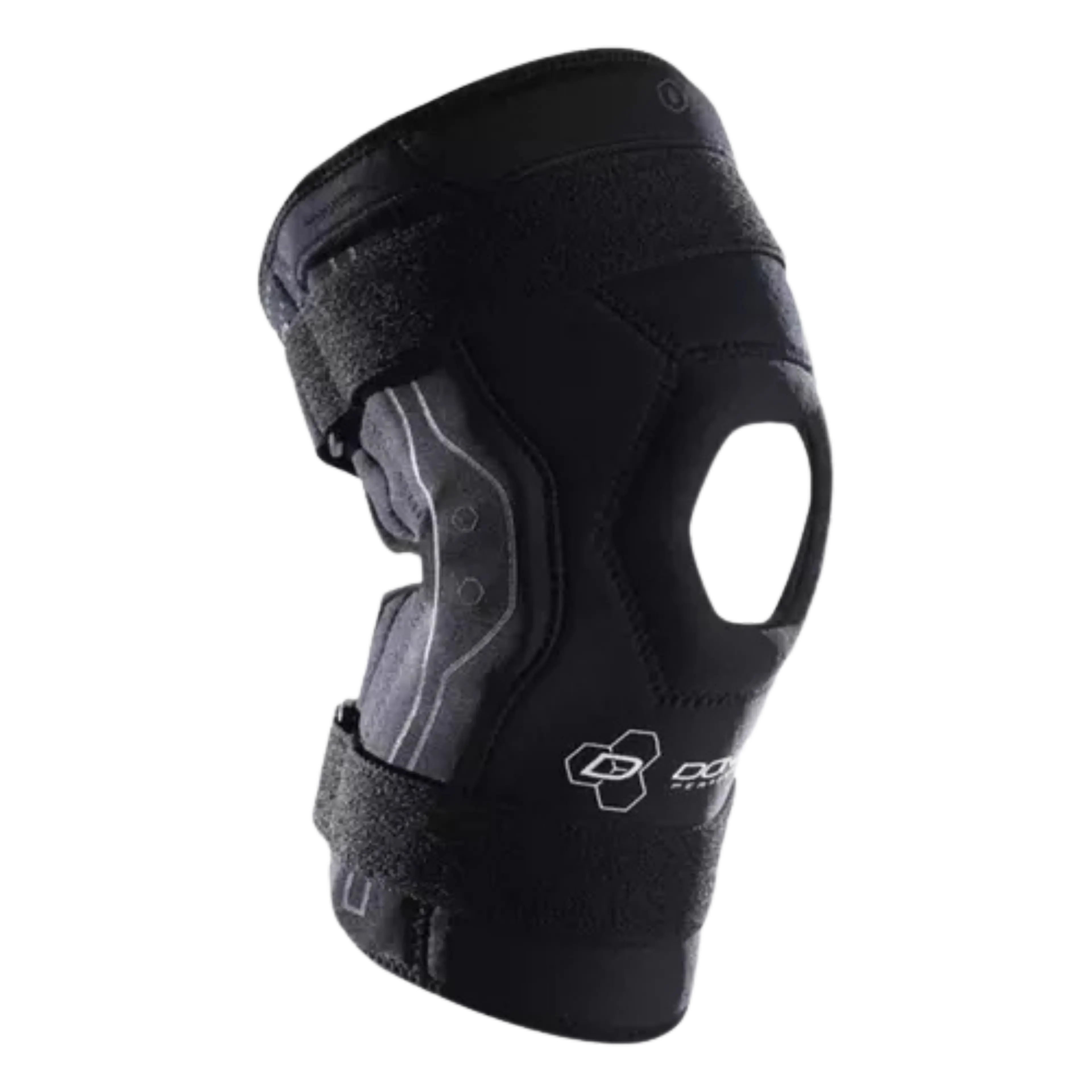 A black knee pad with an open kneecap design and D3O branding.
