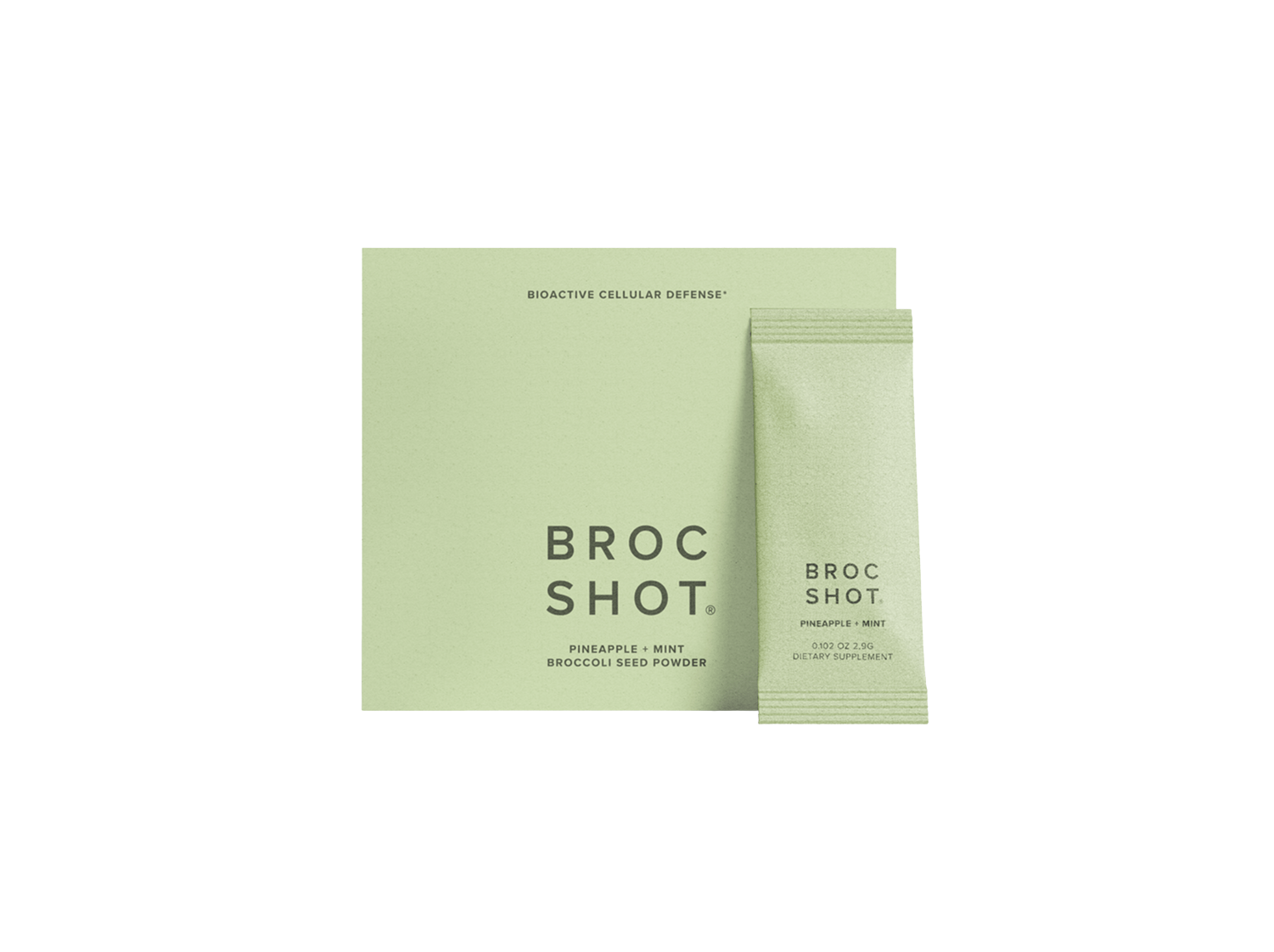 Broc Shot Pineapple + Mint dietary supplement box and single sachet.