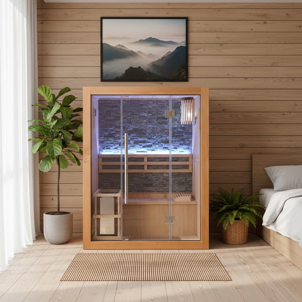 A modern wood-framed sauna with a glass door and blue interior lighting in a wood-paneled room, with plants and a bed.