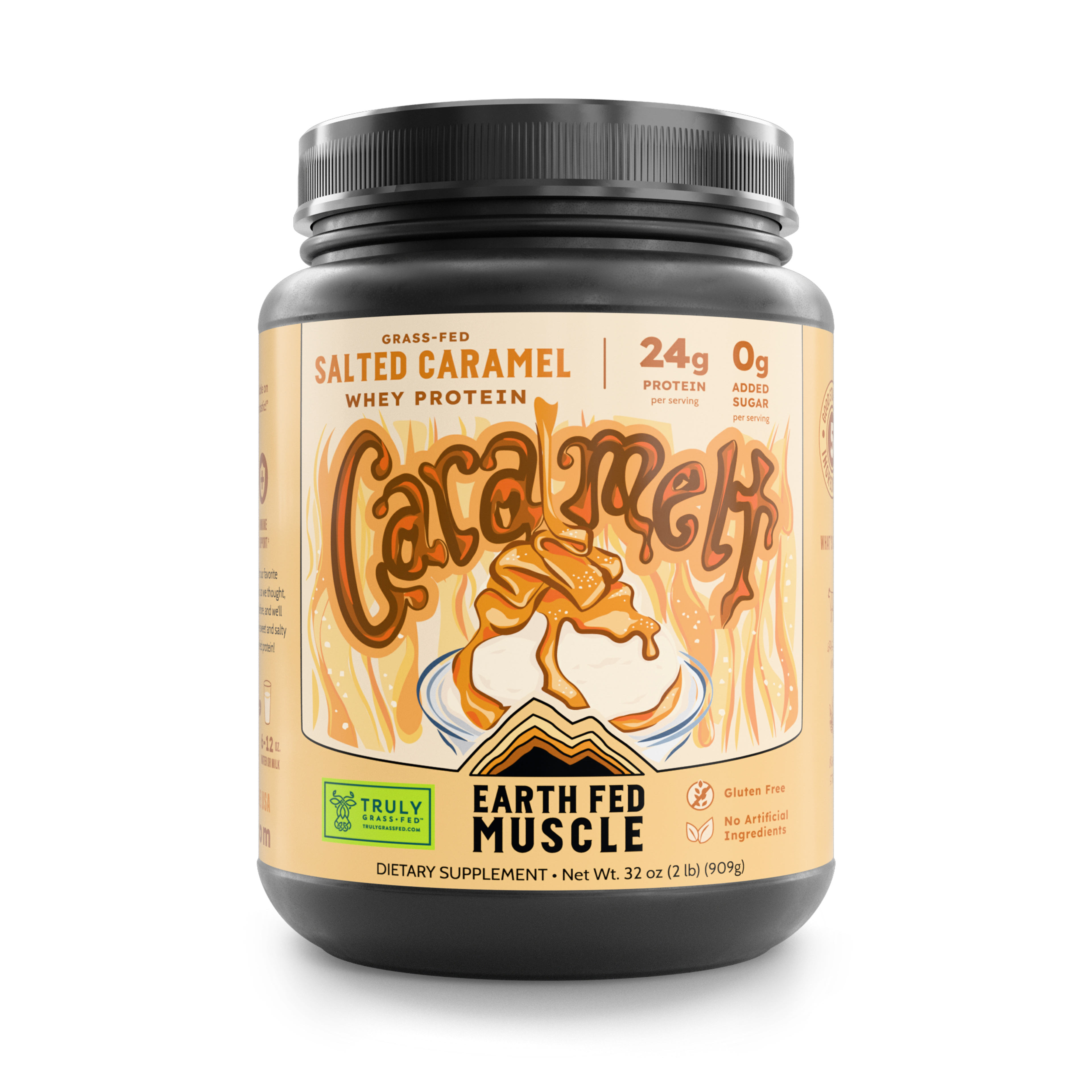 2lb tub of Caramelt grass-fed whey protein powder