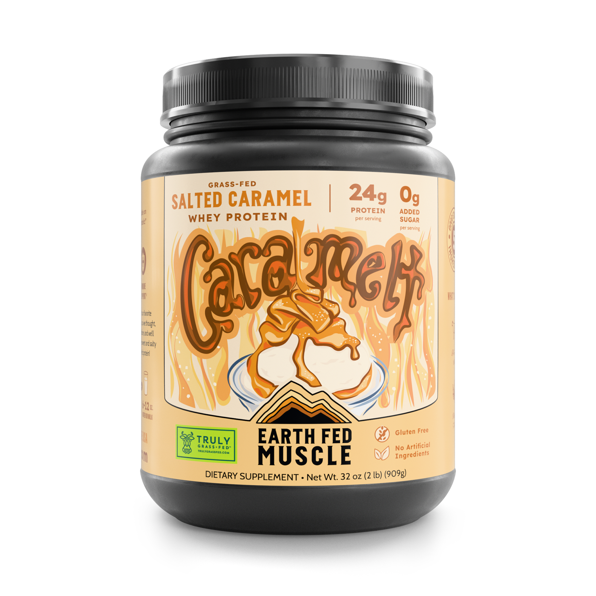 2lb tub of Caramelt grass-fed whey protein powder