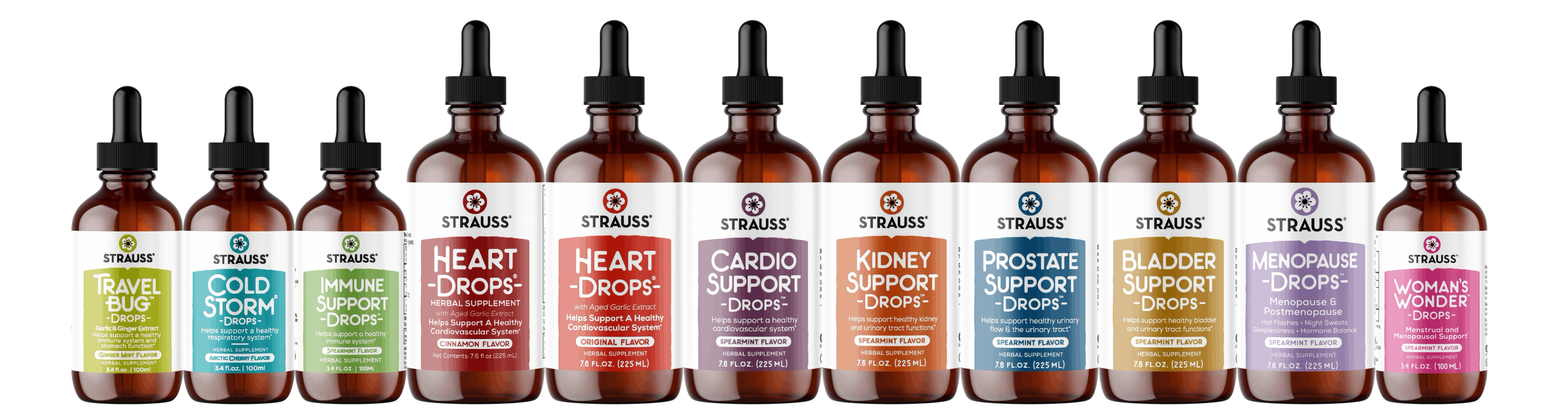 A line of twelve Strauss dropper bottles for various health concerns, including Travel Bug, Cold Storm, Immune Support, Heart, Cardio Support, Kidney Support, Prostate Support, Bladder Support, Menopause, and Woman Wonder.