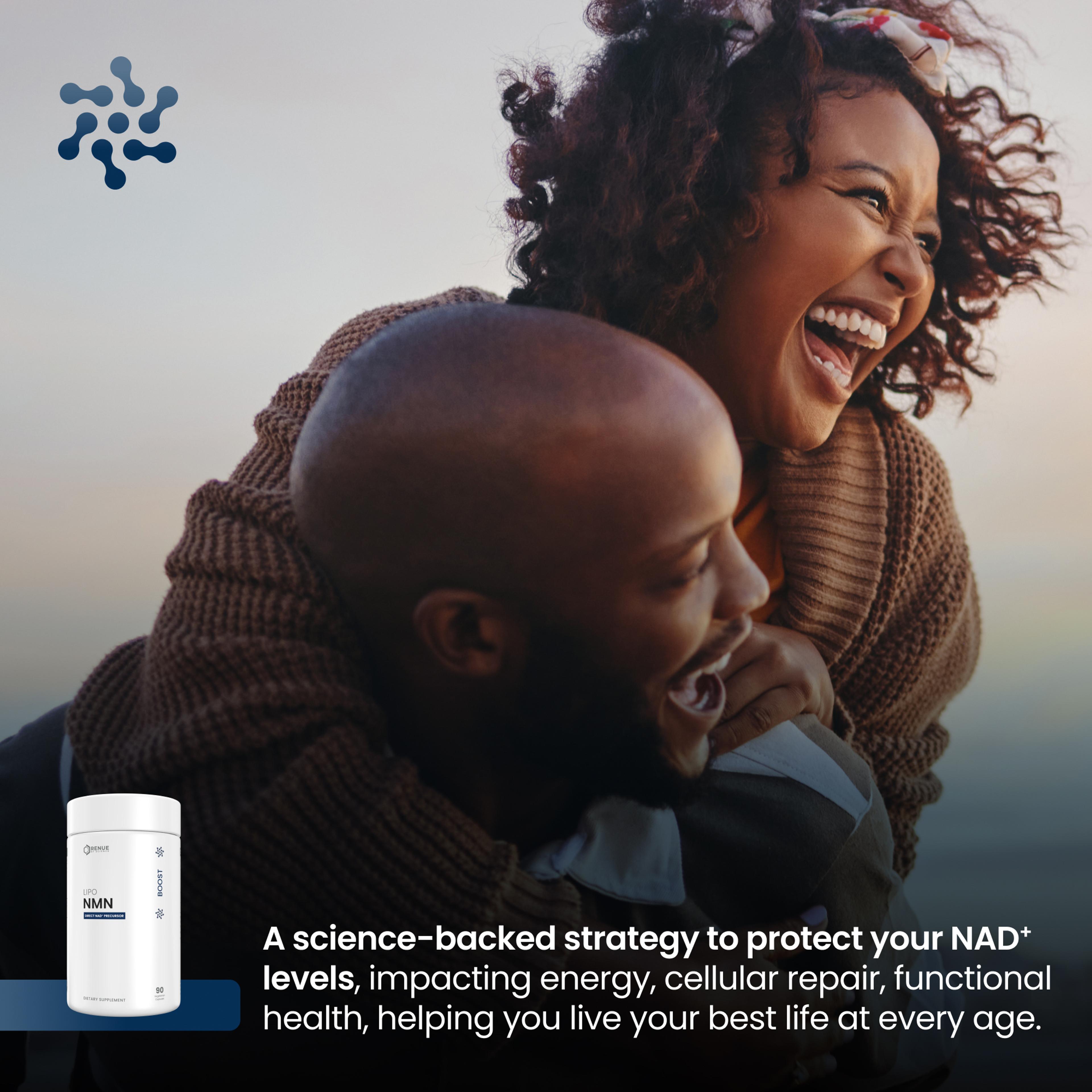 A joyful couple laughs and embraces, with a white NMN supplement bottle in the foreground and text promoting a science-backed strategy for health and vitality.