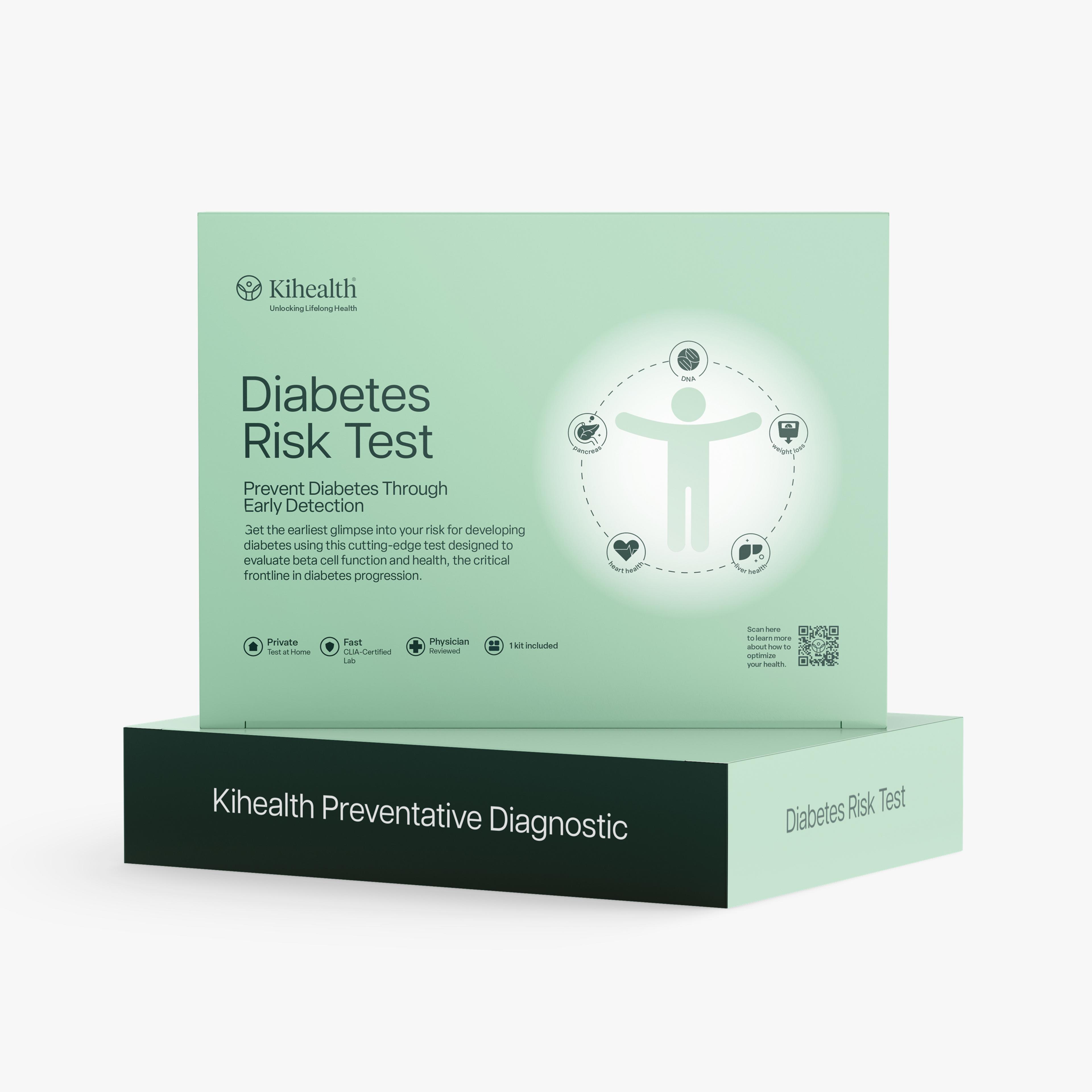 Three Kihealth Diabetes Risk Test kits are displayed, one showing the front with "Prevent Diabetes Through Early Detection" and another showing product details on its back.