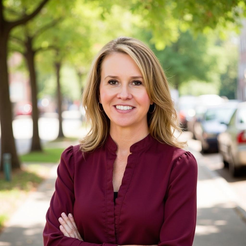 Smiling blonde woman in a maroon shirt, arms crossed, on a tree-lined street.
