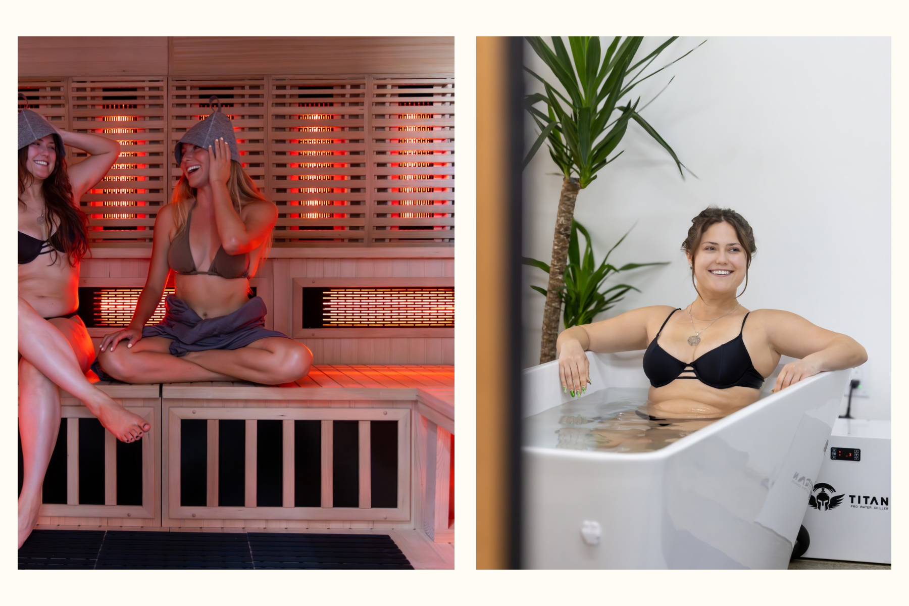 Two women in an infrared sauna and a woman in a cold plunge bath.