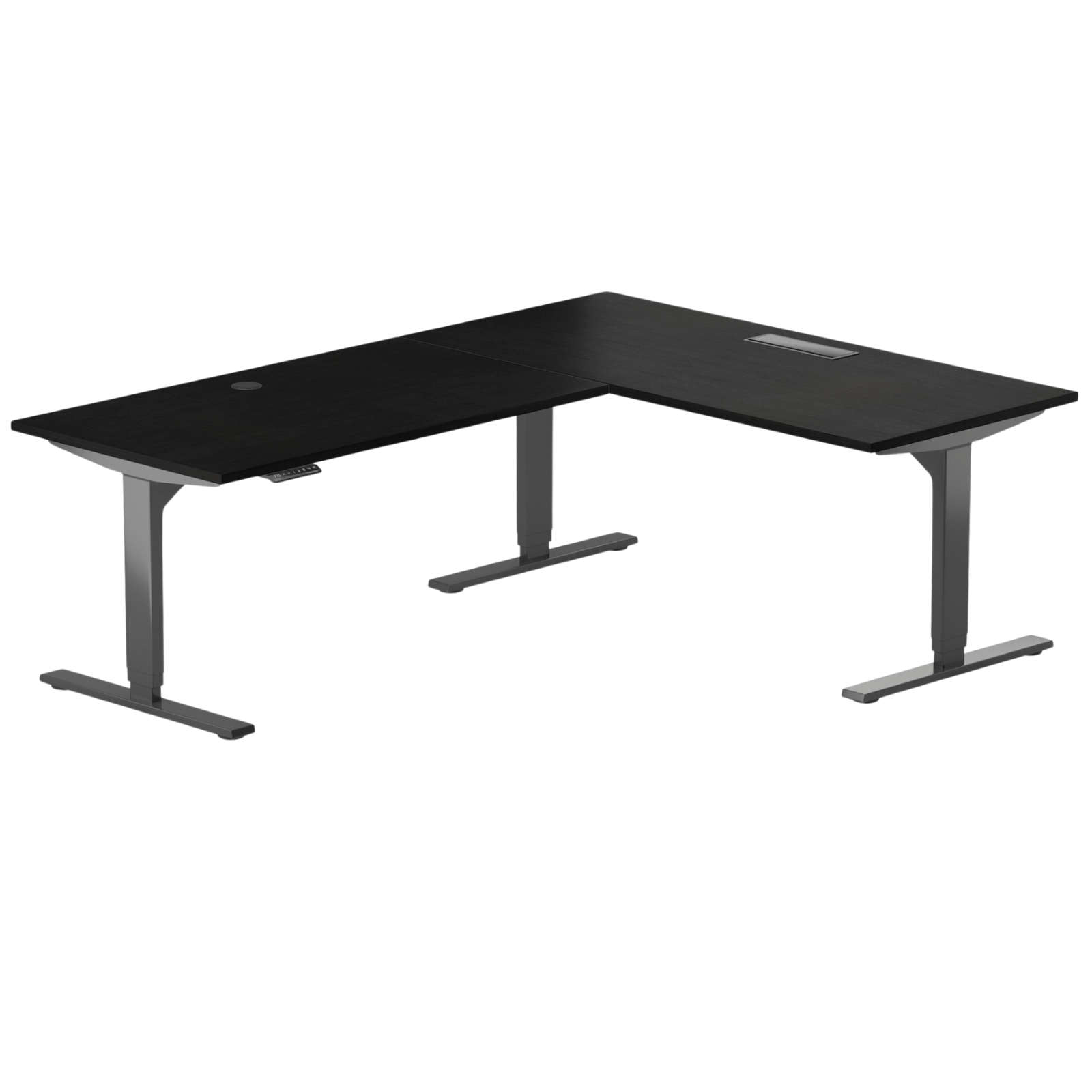 Black L-shaped standing desk with gray adjustable legs and integrated cable management.