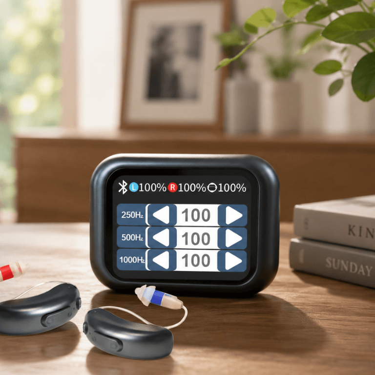 A black digital hearing aid controller displays audio settings, next to two dark gray hearing aids with colored tips on a wooden table.