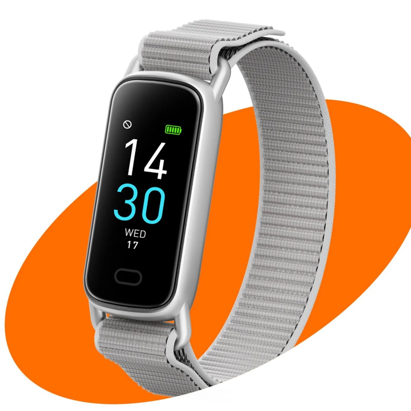 Silver fitness tracker with a black screen displaying 14:30 and a light grey fabric strap.