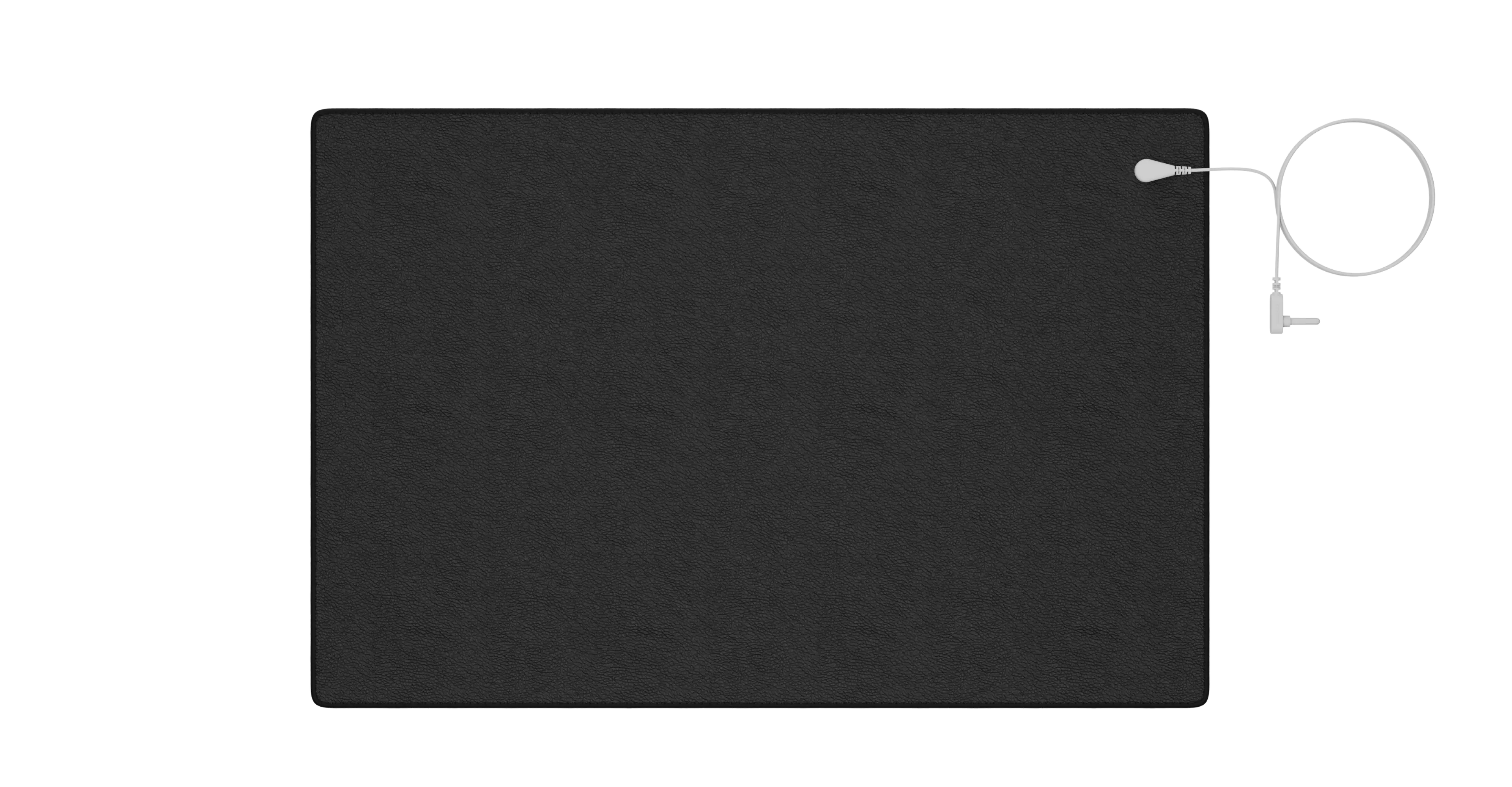 Black rectangular mat with a white cable and L-shaped plug connected to its top right corner.