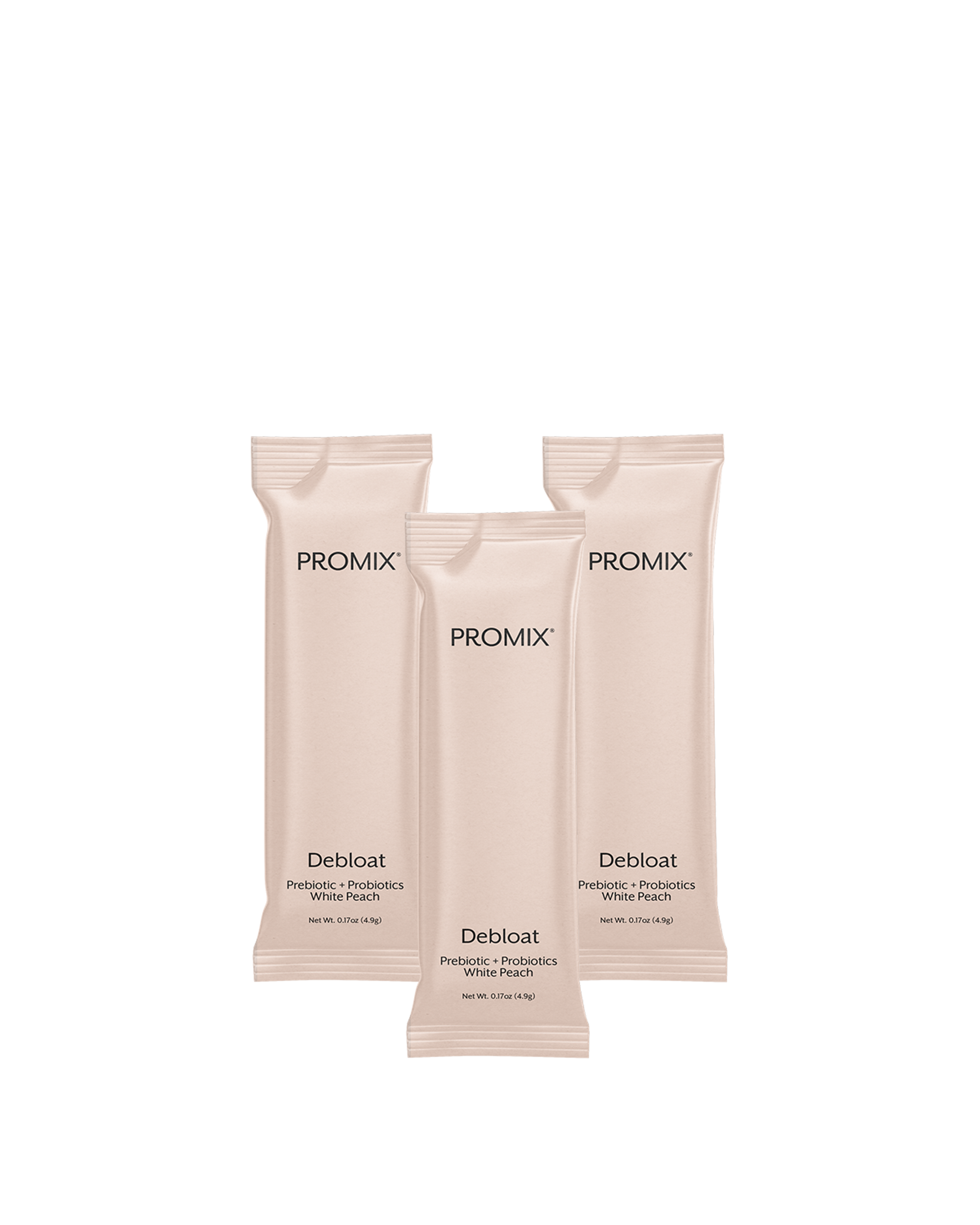 Single-serve stick packet of white peach debloat probiotic and prebiotic