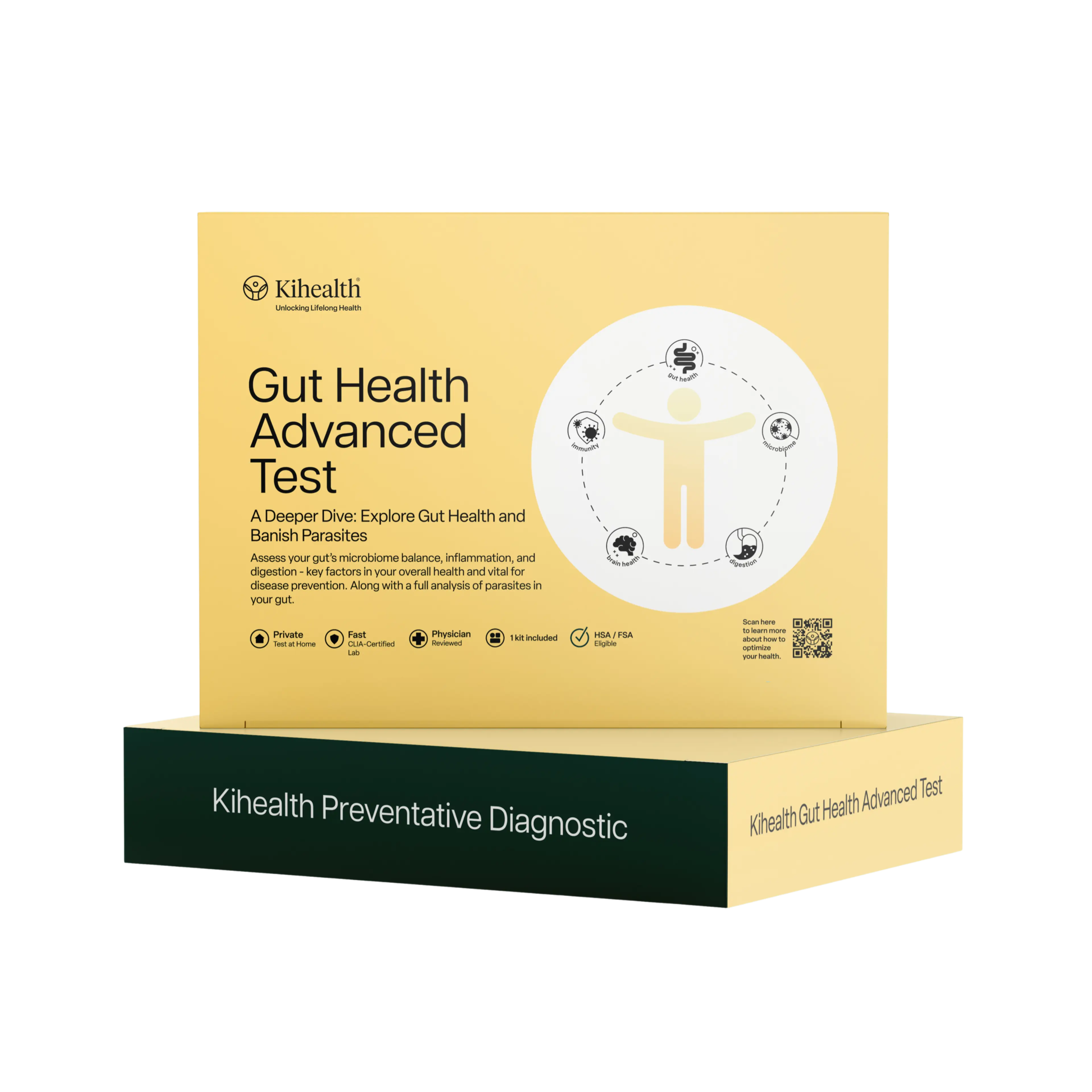 Kihealth Gut Health Advanced Test kit in light yellow and dark green packaging, displaying a human figure with health icons and text about exploring gut health and banishing parasites.