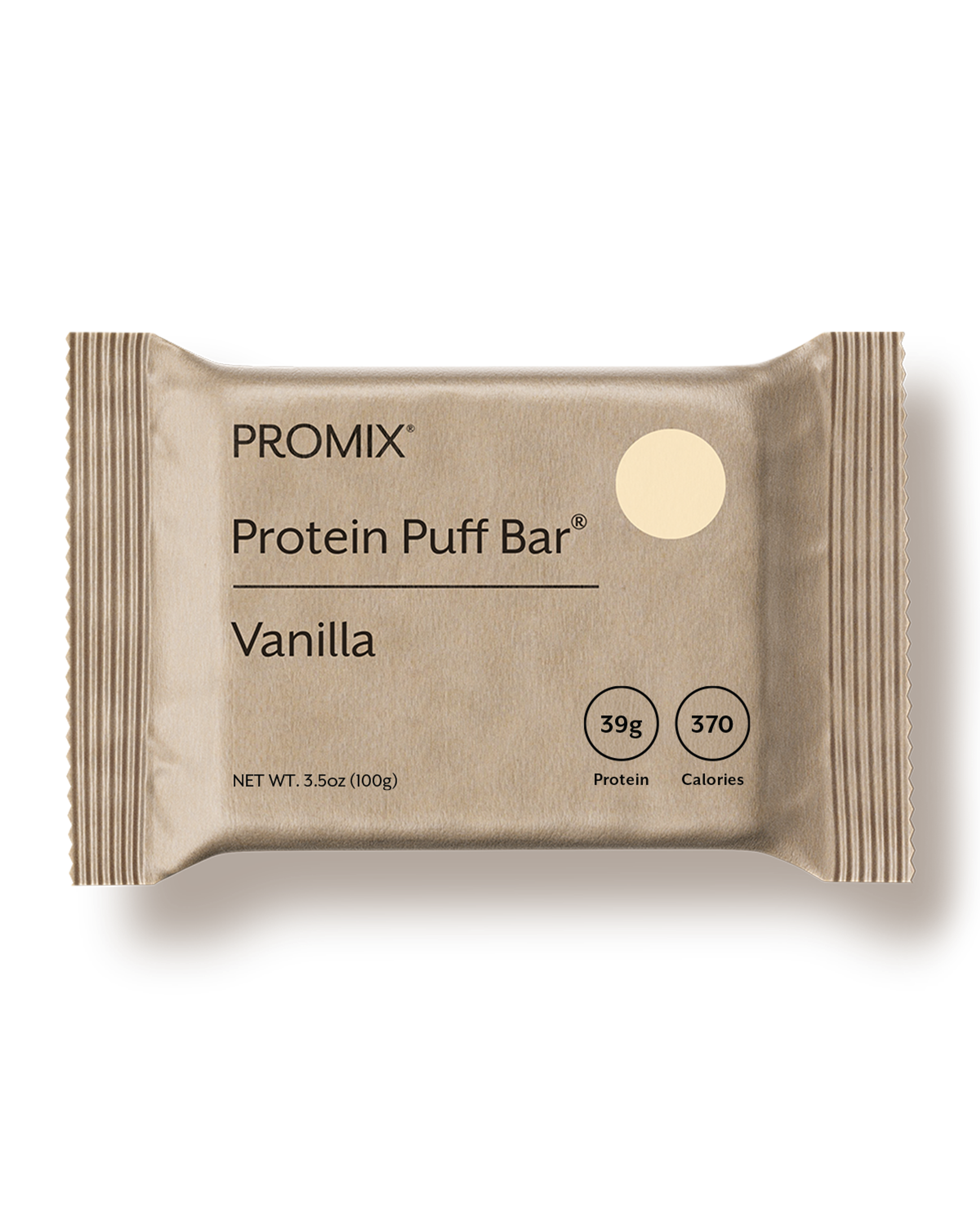 Single vanilla protein puff bar package, 100g