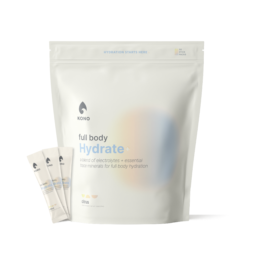 KONO full body Hydrate+ citrus flavored electrolyte powder in a large white pouch with three individual stick packs.