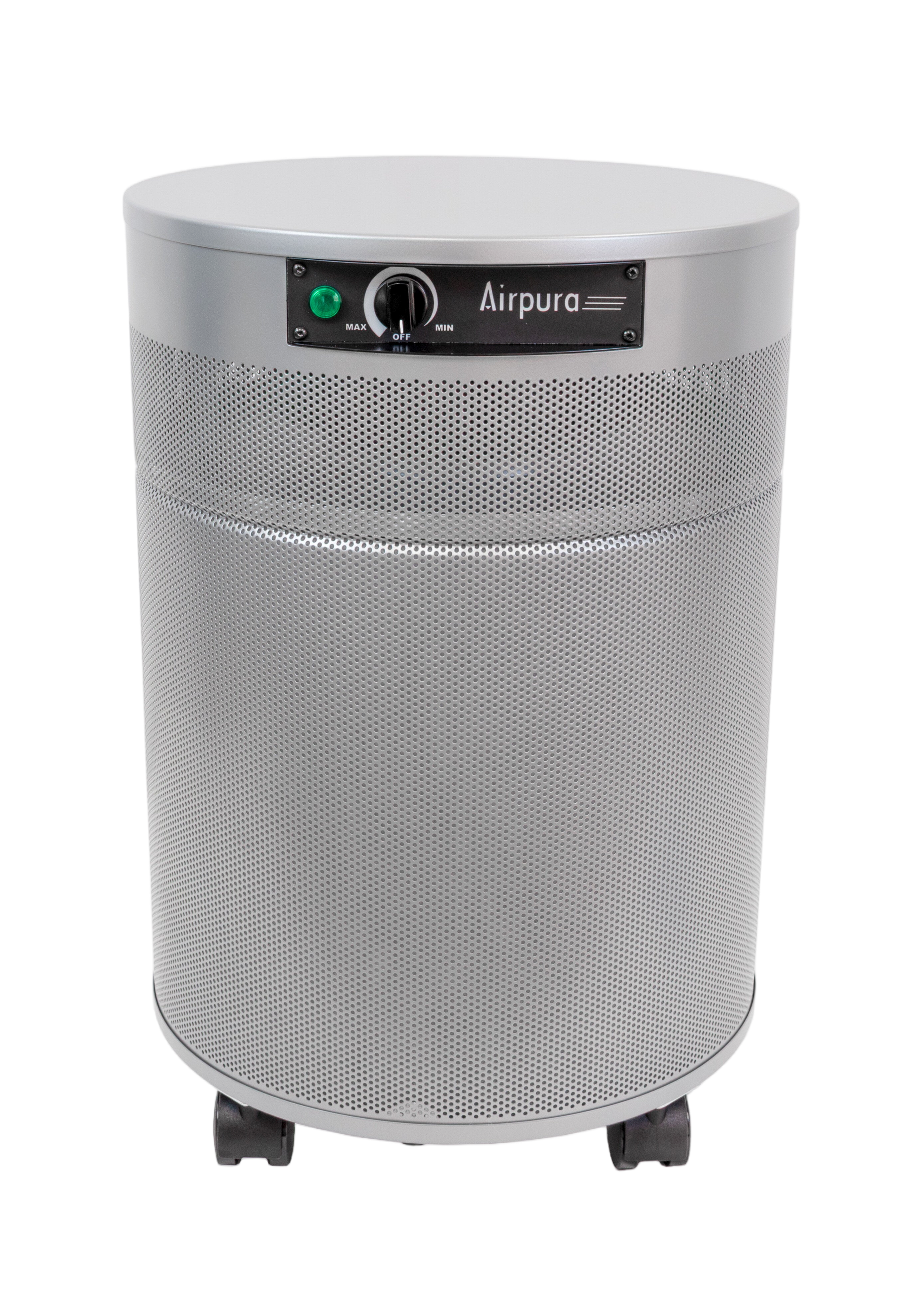 Airpura I600 air purifier in soft silver finish, front view