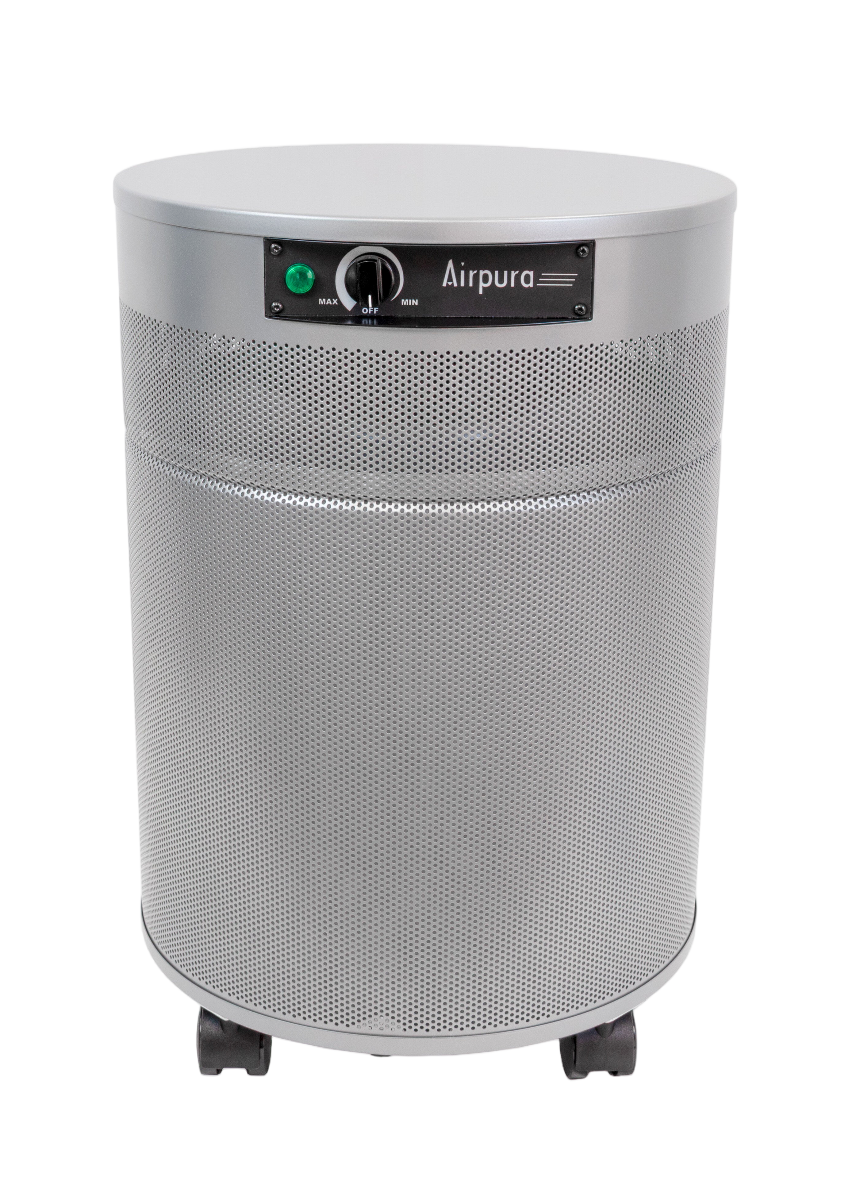 Airpura I600 air purifier in soft silver finish, front view