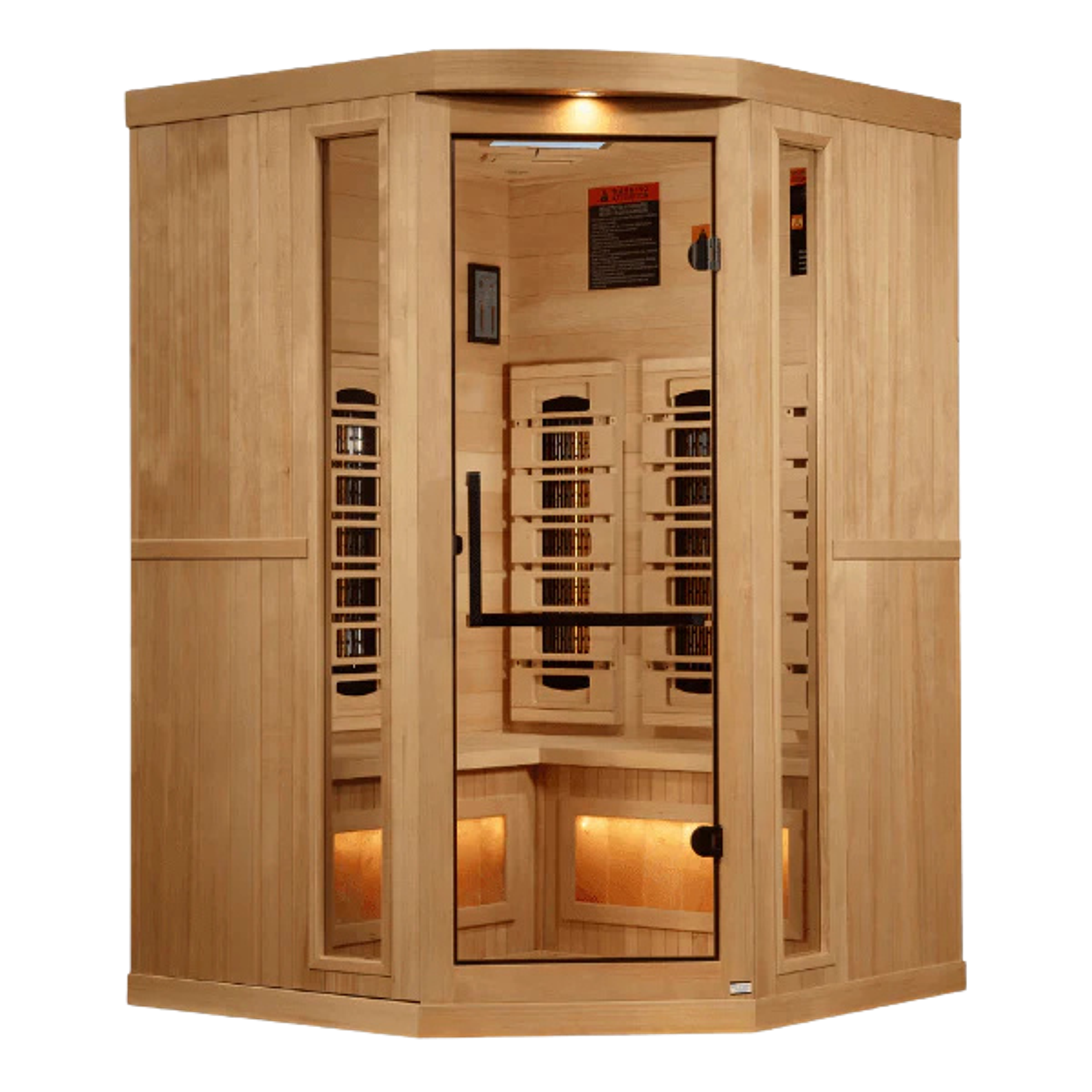 Light wood corner infrared sauna with a glass door.