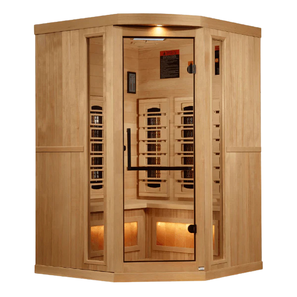 Light wood corner infrared sauna with a glass door.