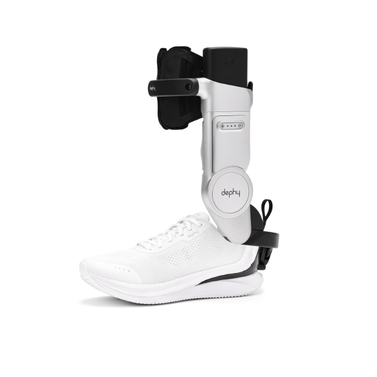 A white sneaker with a silver and black robotic leg brace attached, branded "dephy."