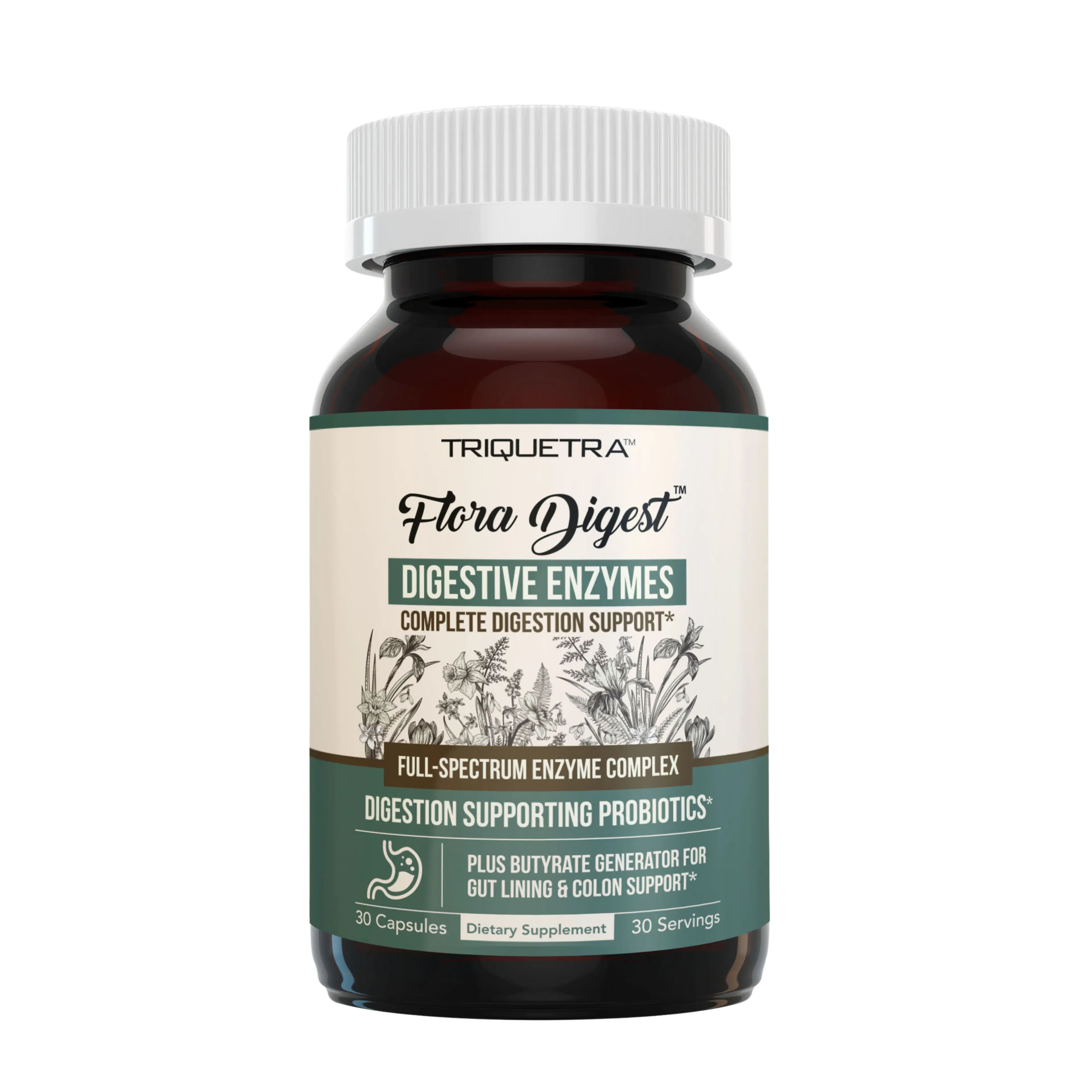 A bottle of Triquetra Flora Digest Digestive Enzymes and Probiotics, 30 capsules, for complete digestion support.