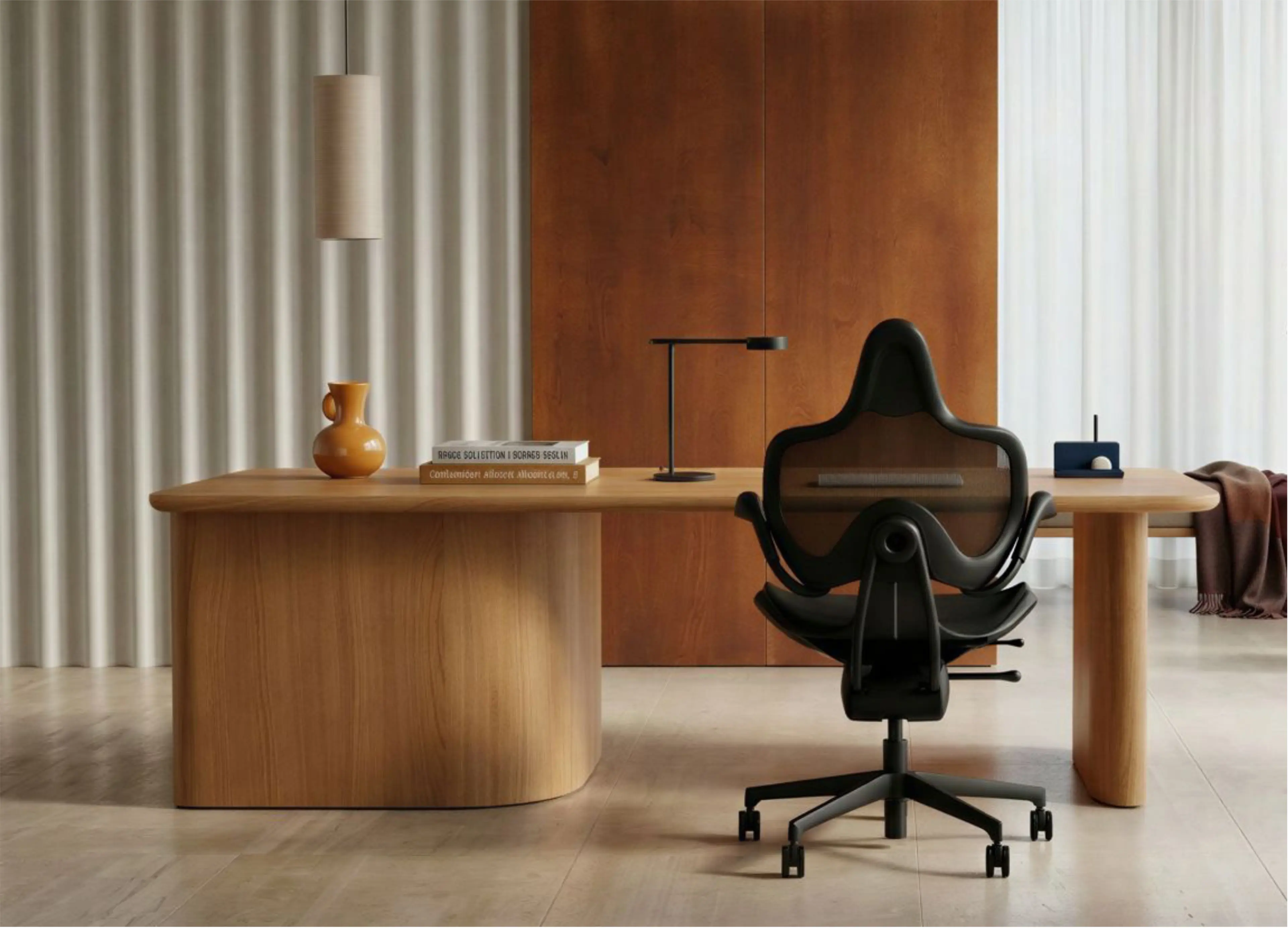 A modern home office with a light wood desk, a black Moovlab ergonomic chair, and minimalist decor.