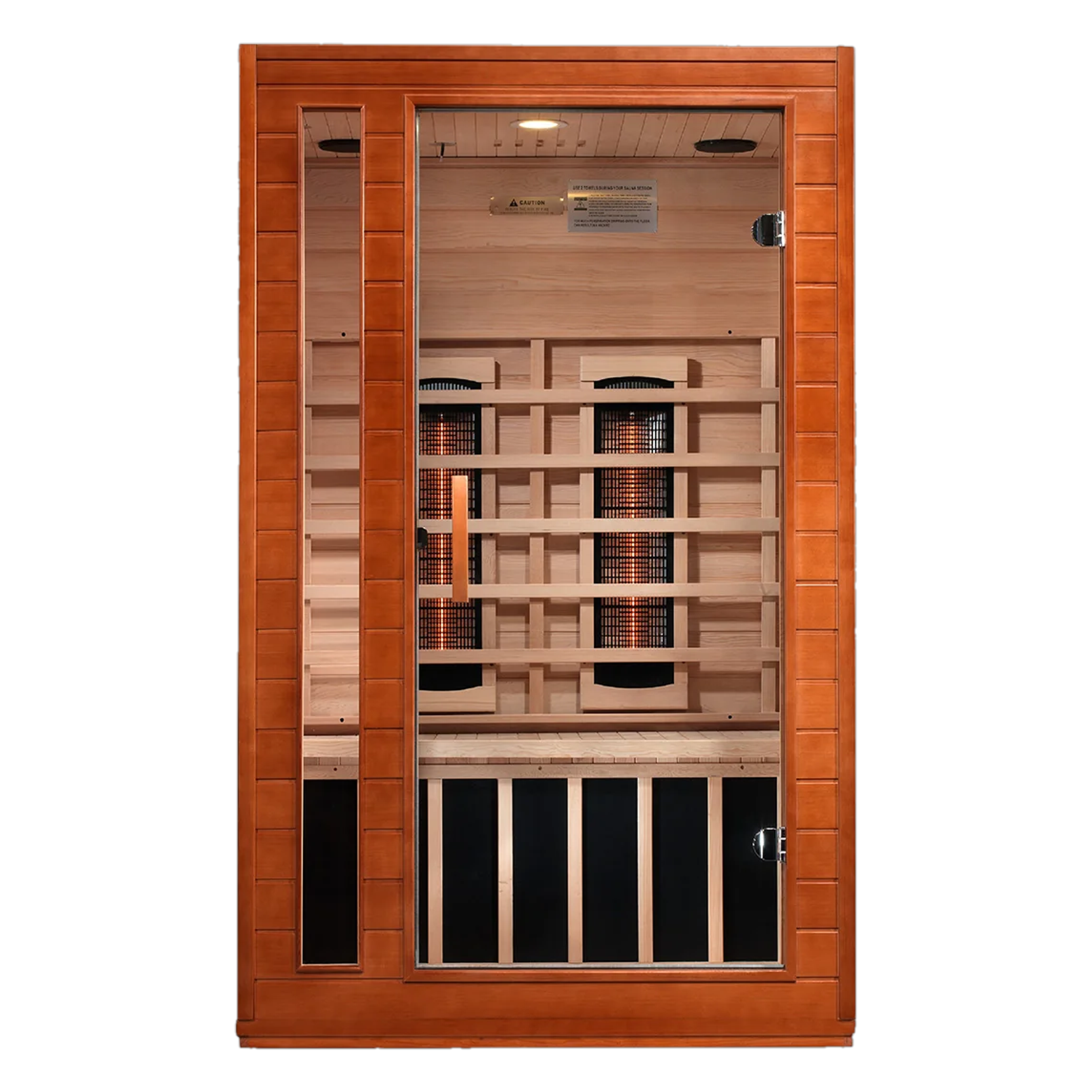 Wooden infrared sauna with a glass door, light wood interior, and glowing heating elements.