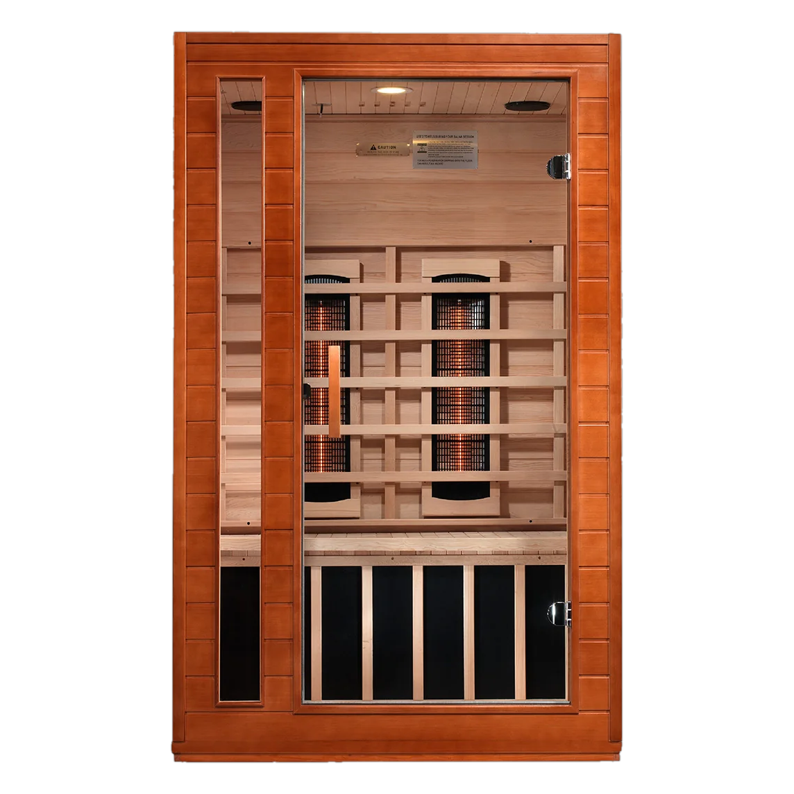 Wooden infrared sauna with a glass door, light wood interior, and glowing heating elements.