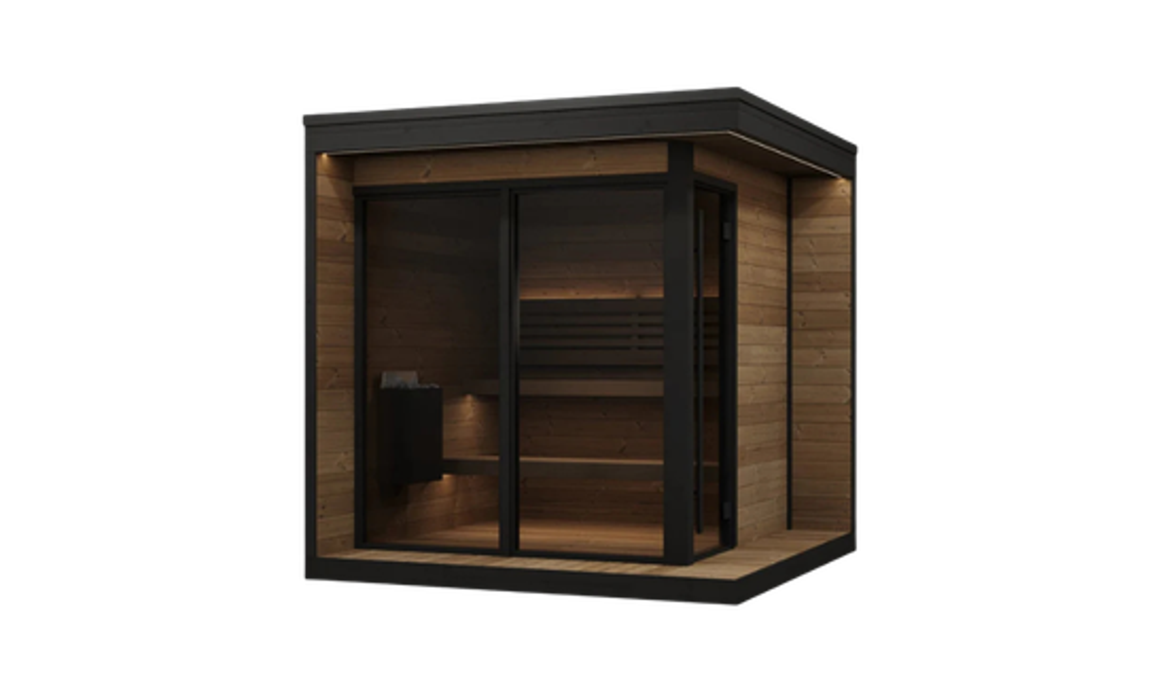 Modern light wood sauna with dark trim, glass doors, internal benches, and a heater.