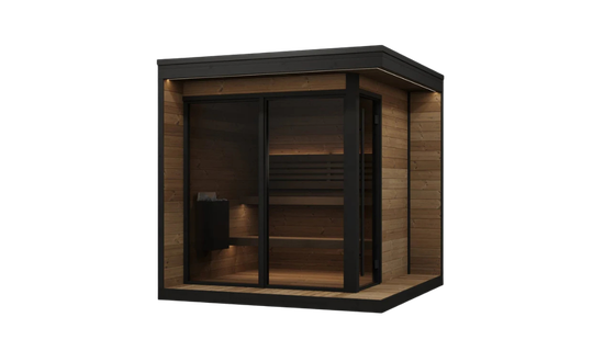 Modern light wood sauna with dark trim, glass doors, internal benches, and a heater.