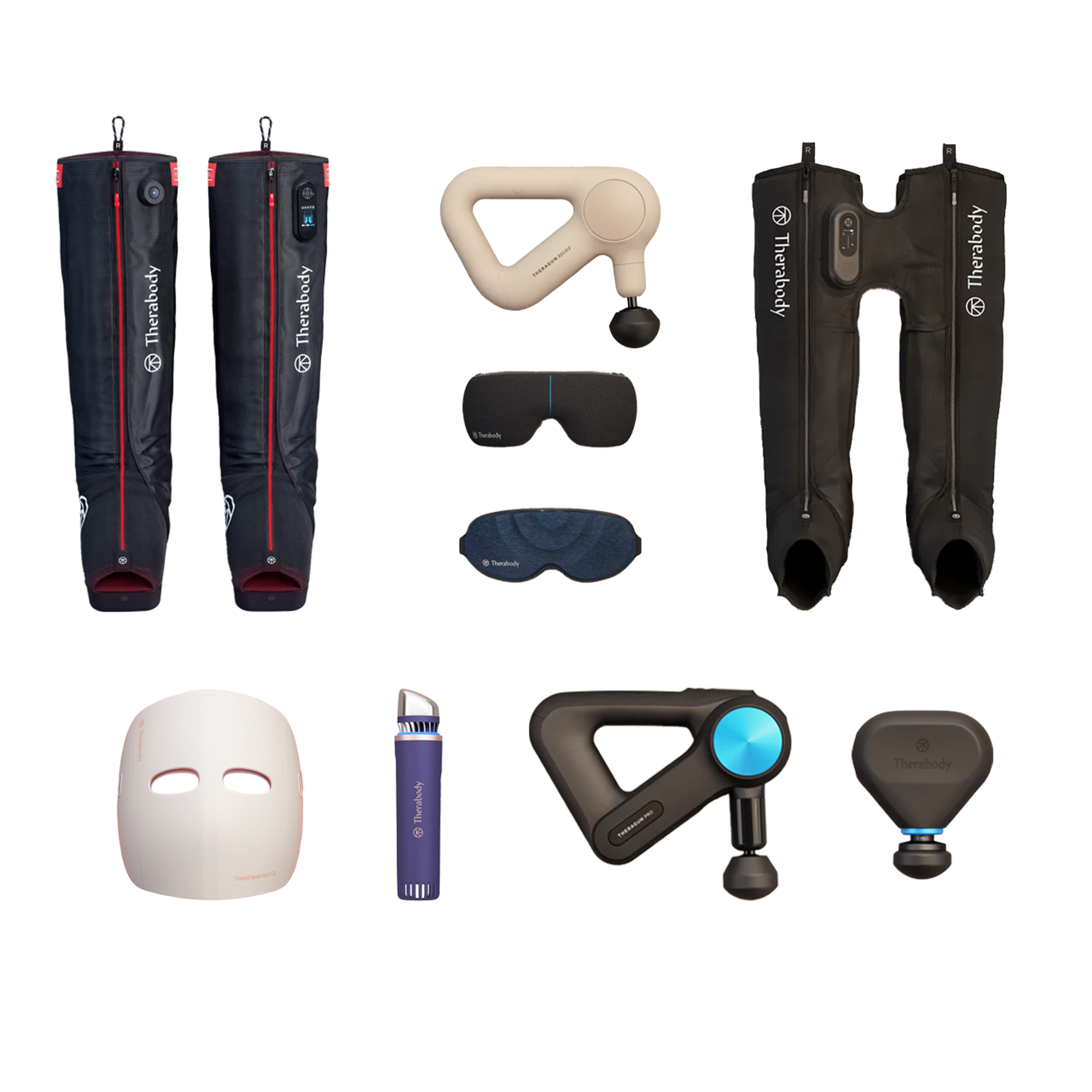 A display of Therabody wellness devices, including two pairs of black compression recovery boots, three percussive massage guns, a white LED face mask, two eye masks, and a handheld massager.