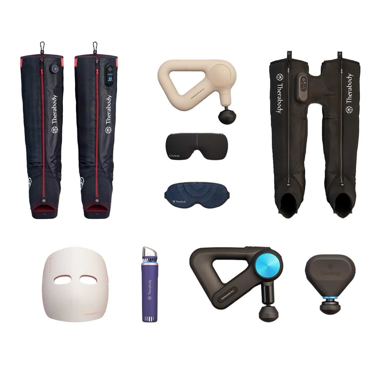 A display of Therabody wellness devices, including two pairs of black compression recovery boots, three percussive massage guns, a white LED face mask, two eye masks, and a handheld massager.