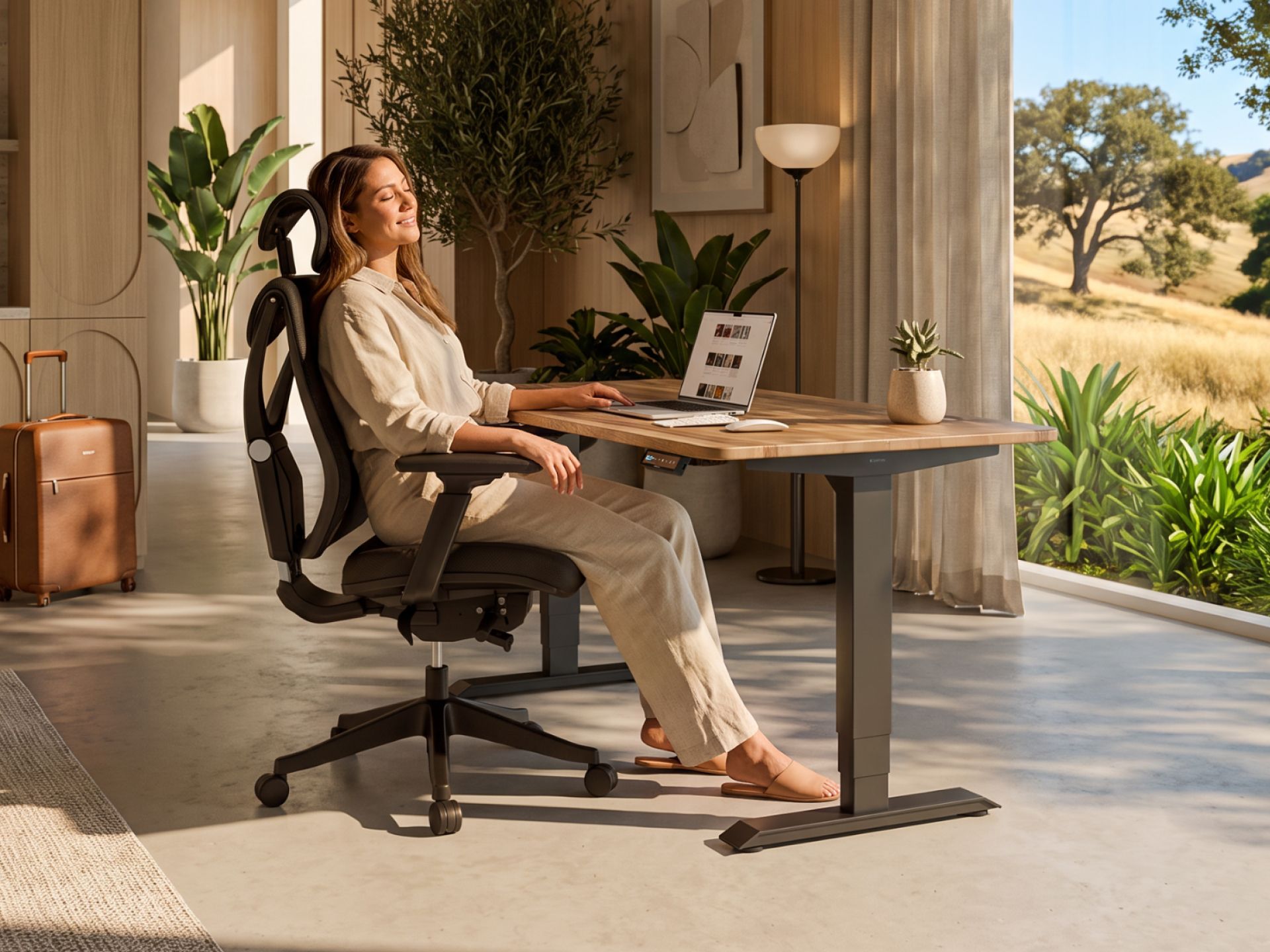 A woman relaxes comfortably in an ergonomic office chair at a wooden standing desk with a laptop, enjoying sunlight.