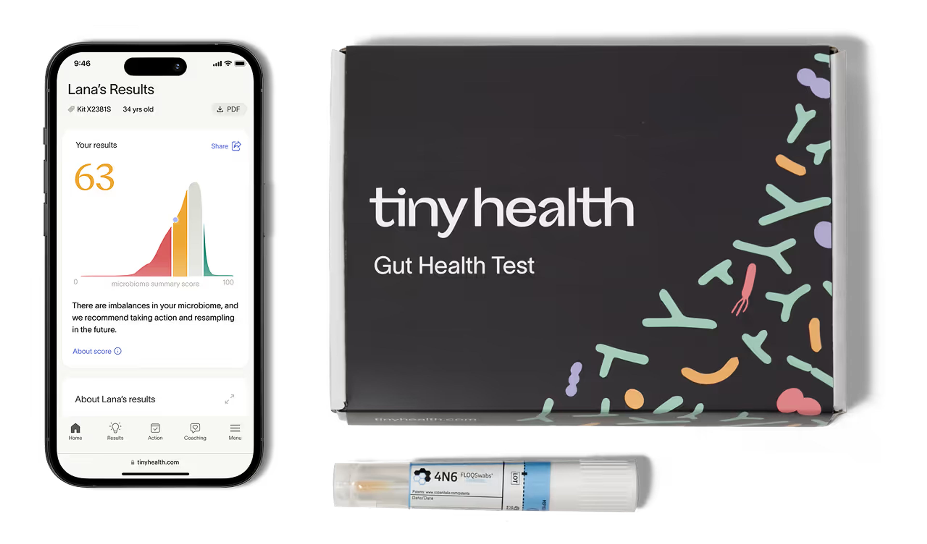 Smartphone displaying Tiny Health gut test results (score 63), beside a Tiny Health kit box and collection tube.