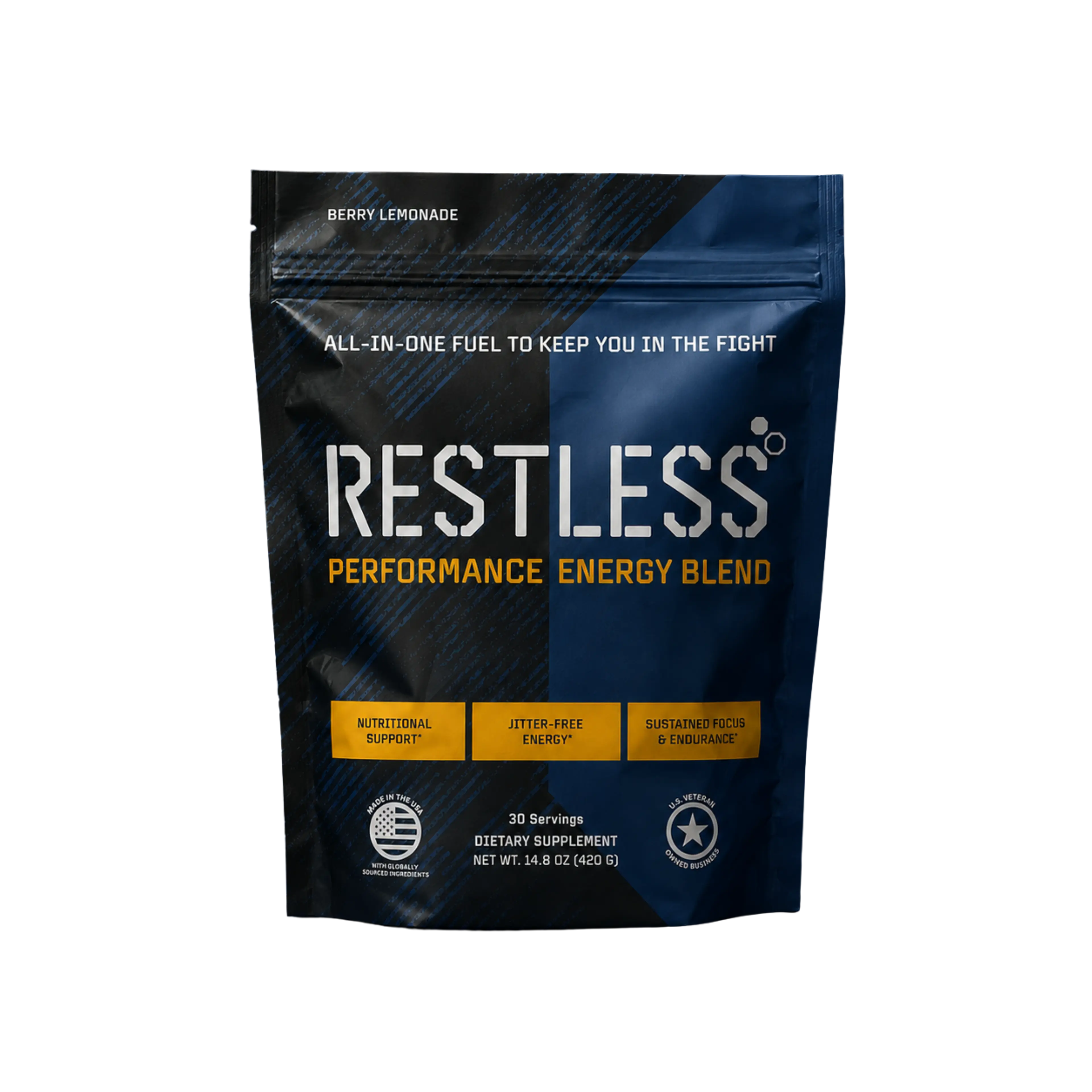 A dark blue and black pouch of Restless Performance Energy Blend, Berry Lemonade flavor, a 30-serving dietary supplement.