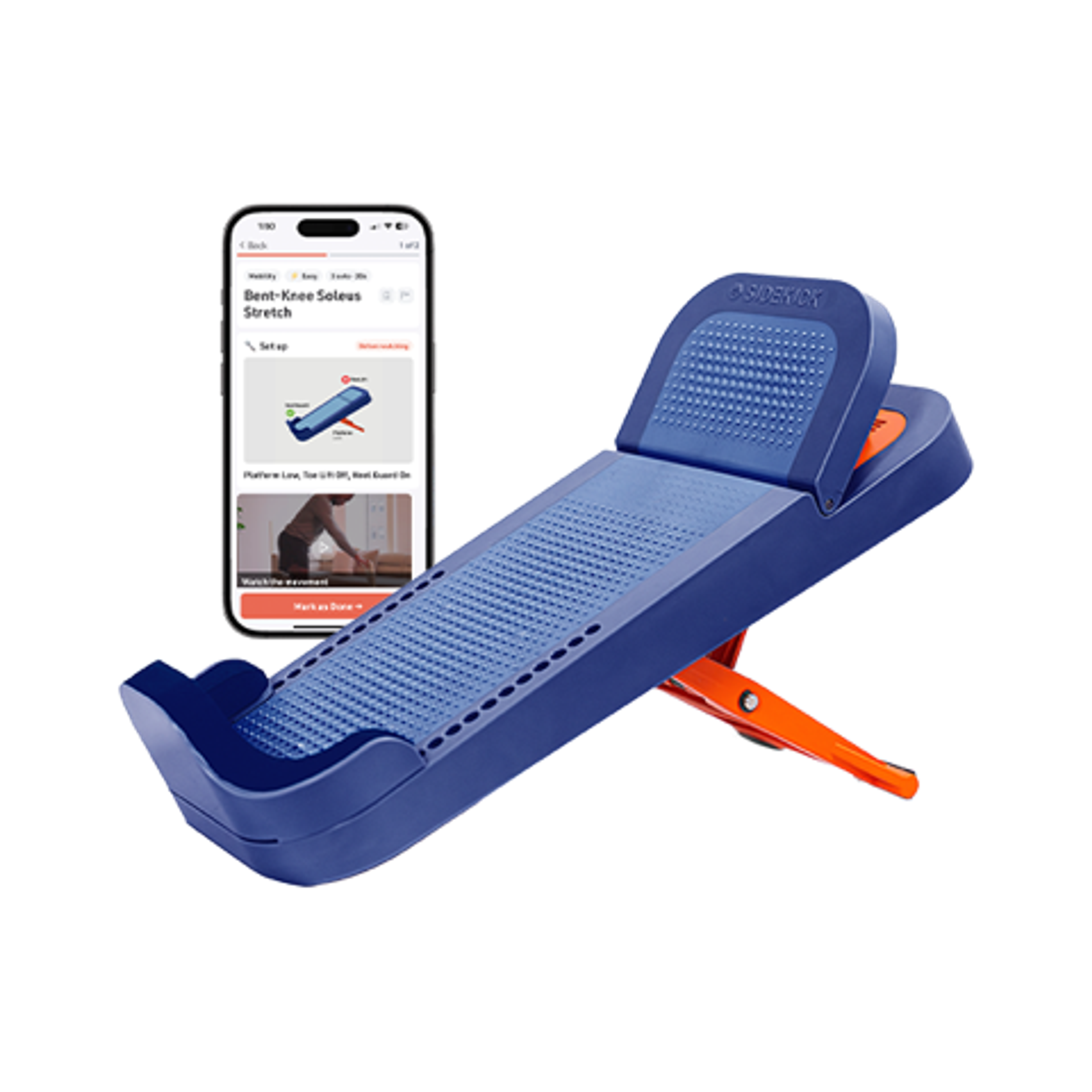 Blue and orange stretching device next to a smartphone displaying a soleus stretch guide.