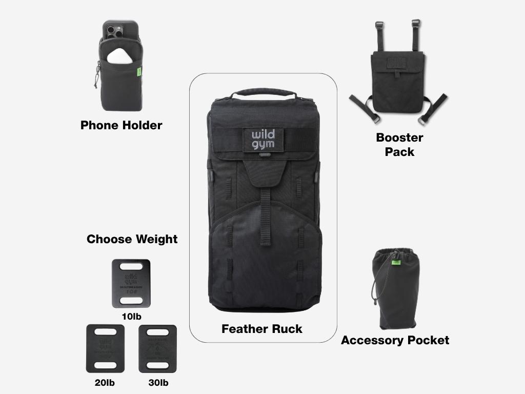 A collection of black Wild Gym fitness gear including a Feather Ruck backpack, phone holder, booster pack, accessory pocket, and various weight plates.