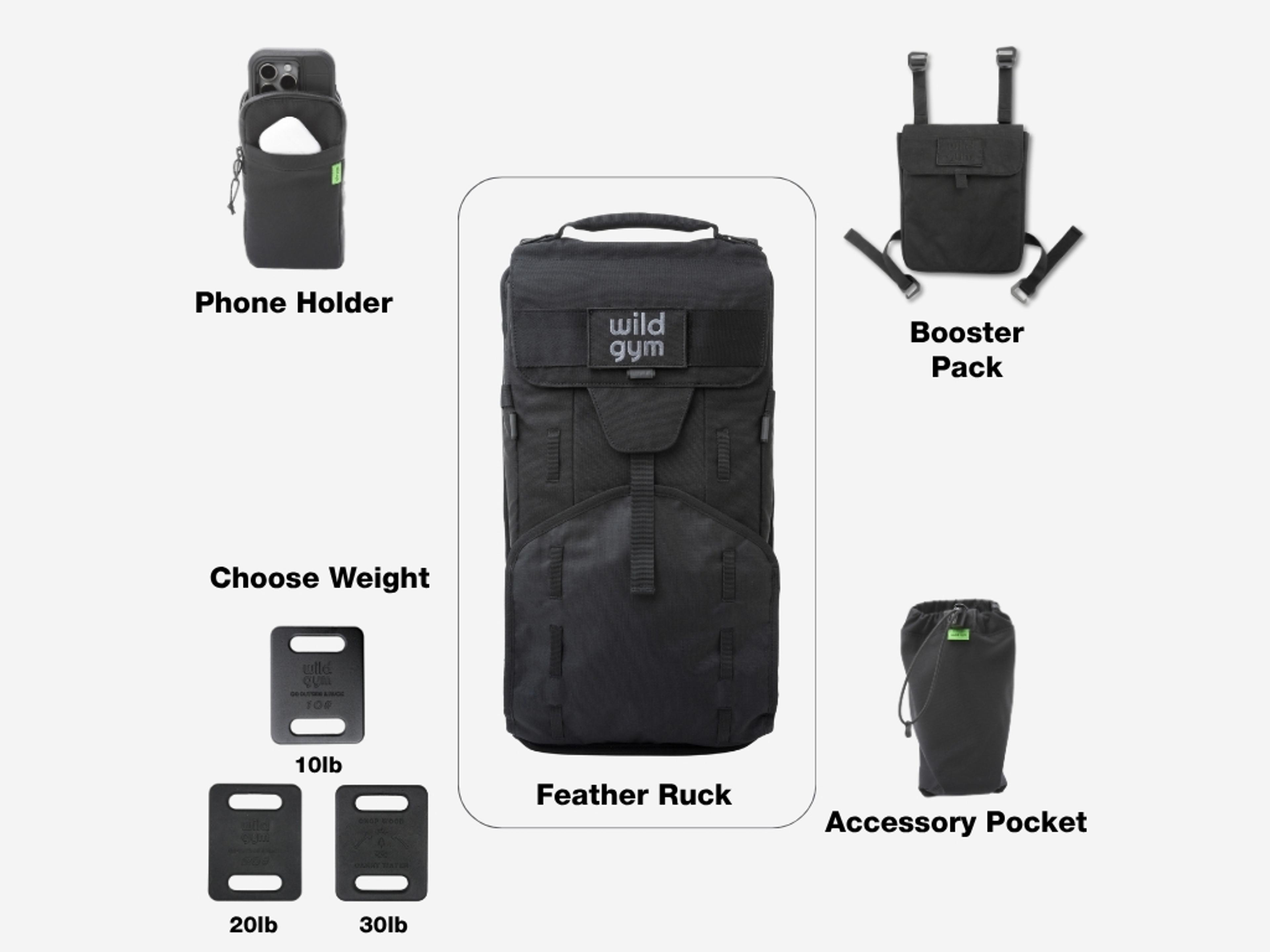 A collection of black Wild Gym fitness gear including a Feather Ruck backpack, phone holder, booster pack, accessory pocket, and various weight plates.